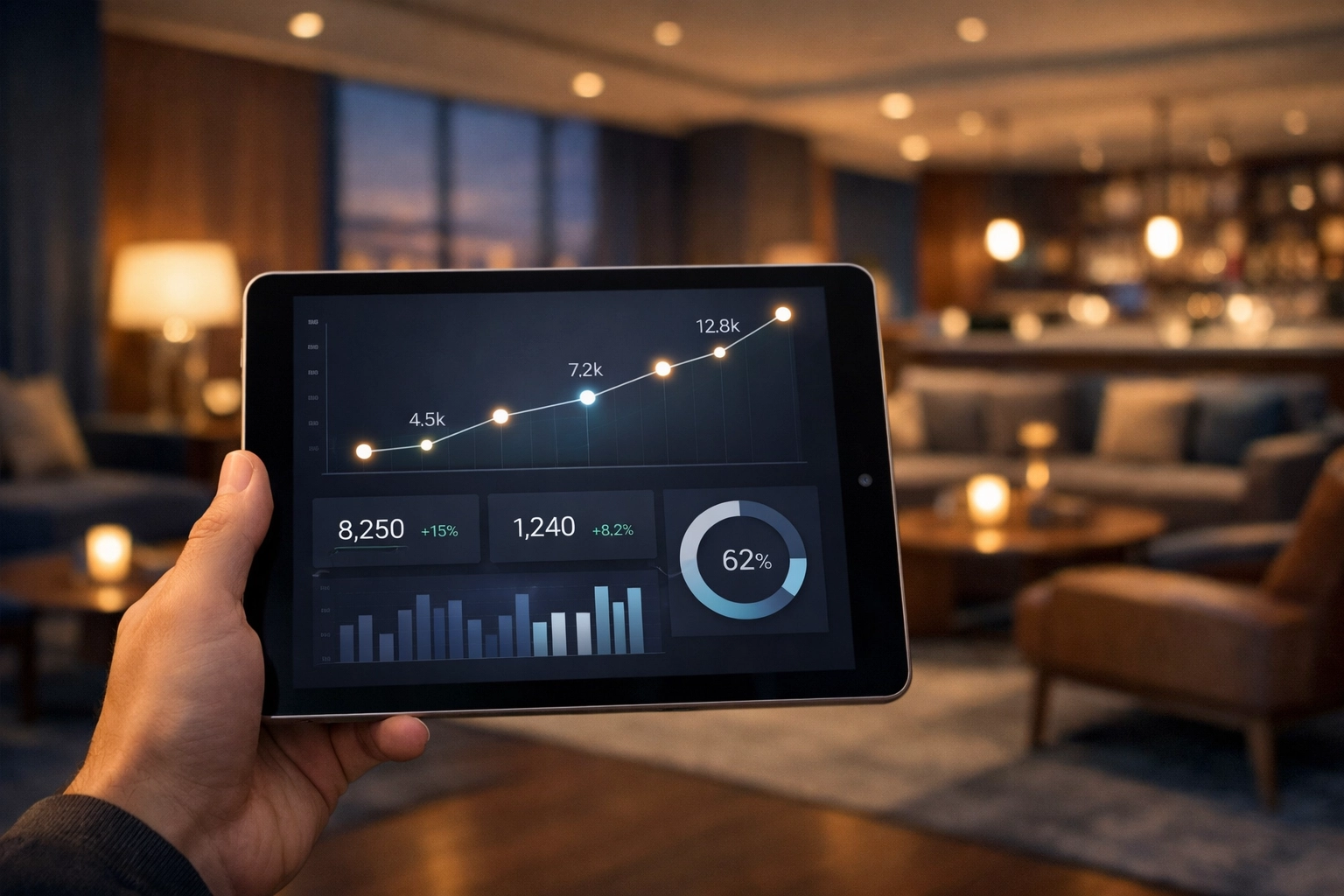 High-growth hotel group manager tracking revenue data and guest trends on a tablet dashboard.