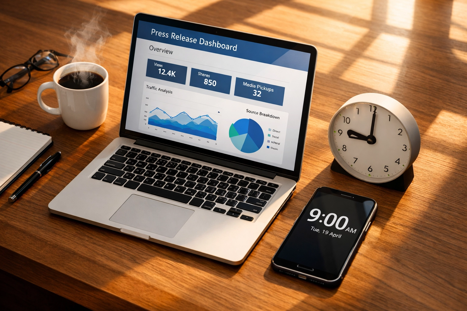 Morning desk setup with laptop displaying press release automation dashboard at 9AM