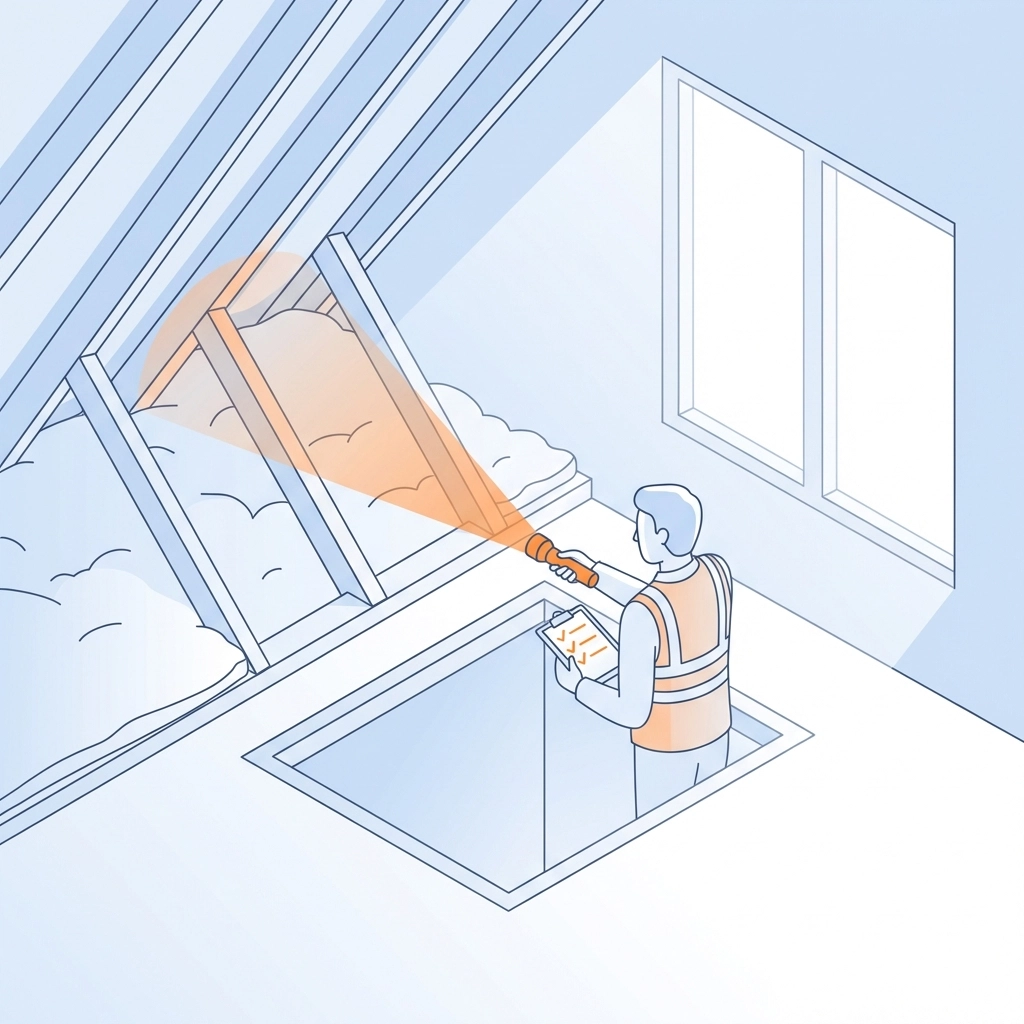 Surveyor inspecting loft insulation in a home to prevent red flags during property surveys and sales