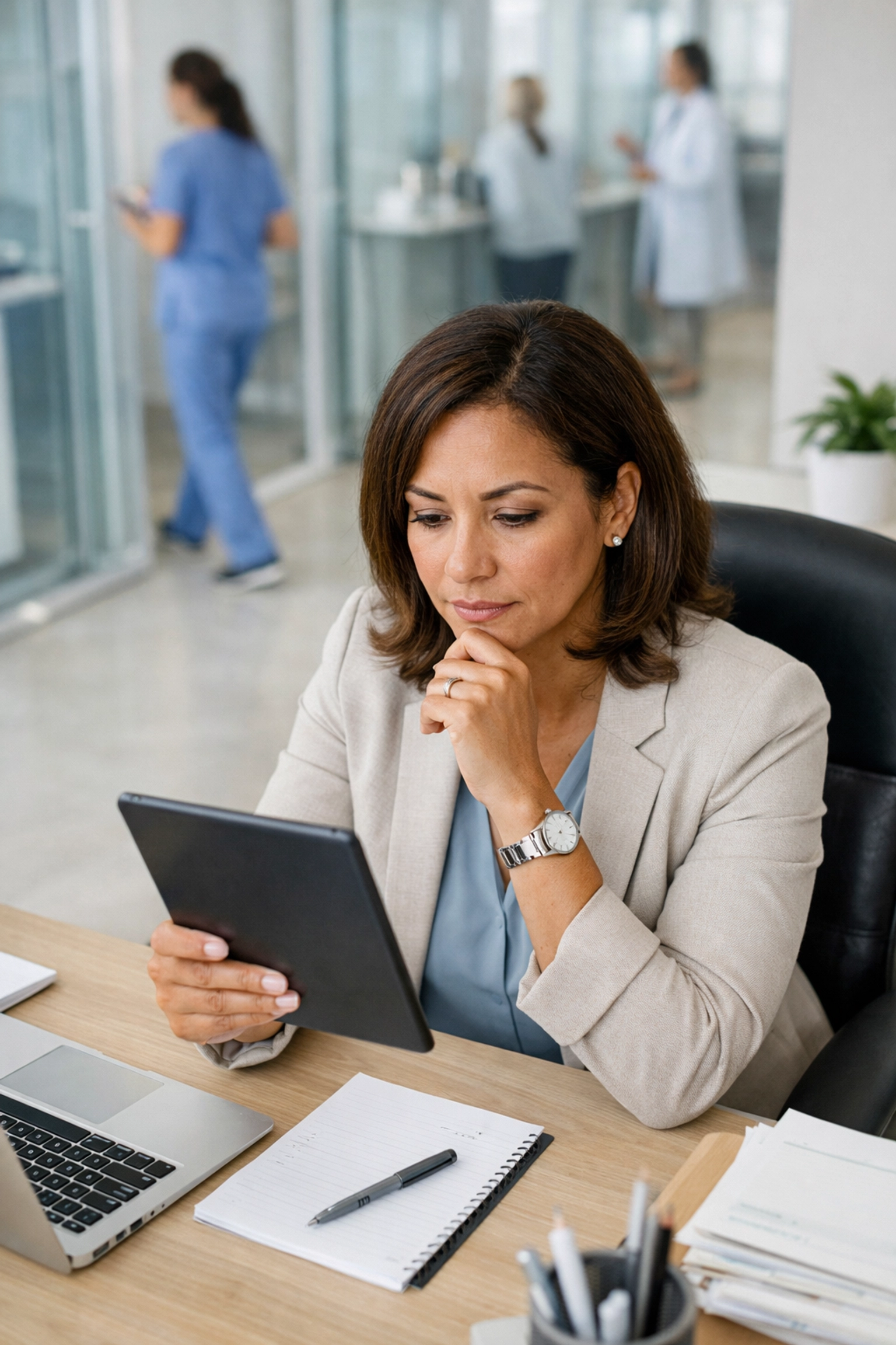 Medical practice administrator analyzing financial infrastructure and cash flow on a tablet.