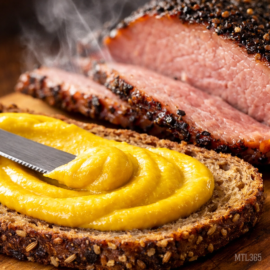Close-up of yellow mustard being spread on a Montreal smoked meat sandwich with rye bread.