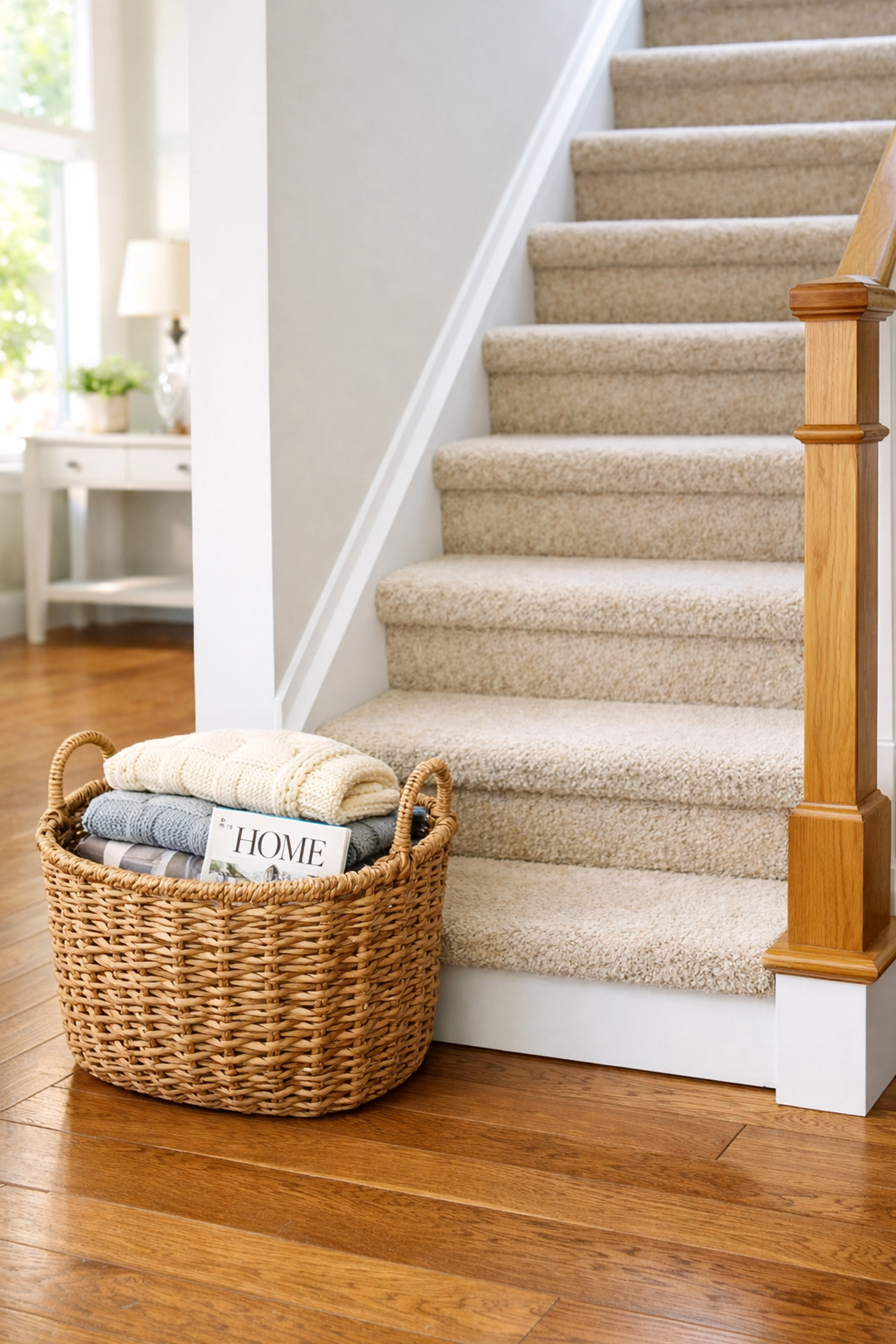 Clutter-free carpeted staircase with a storage basket placed safely to the side to prevent tripping.