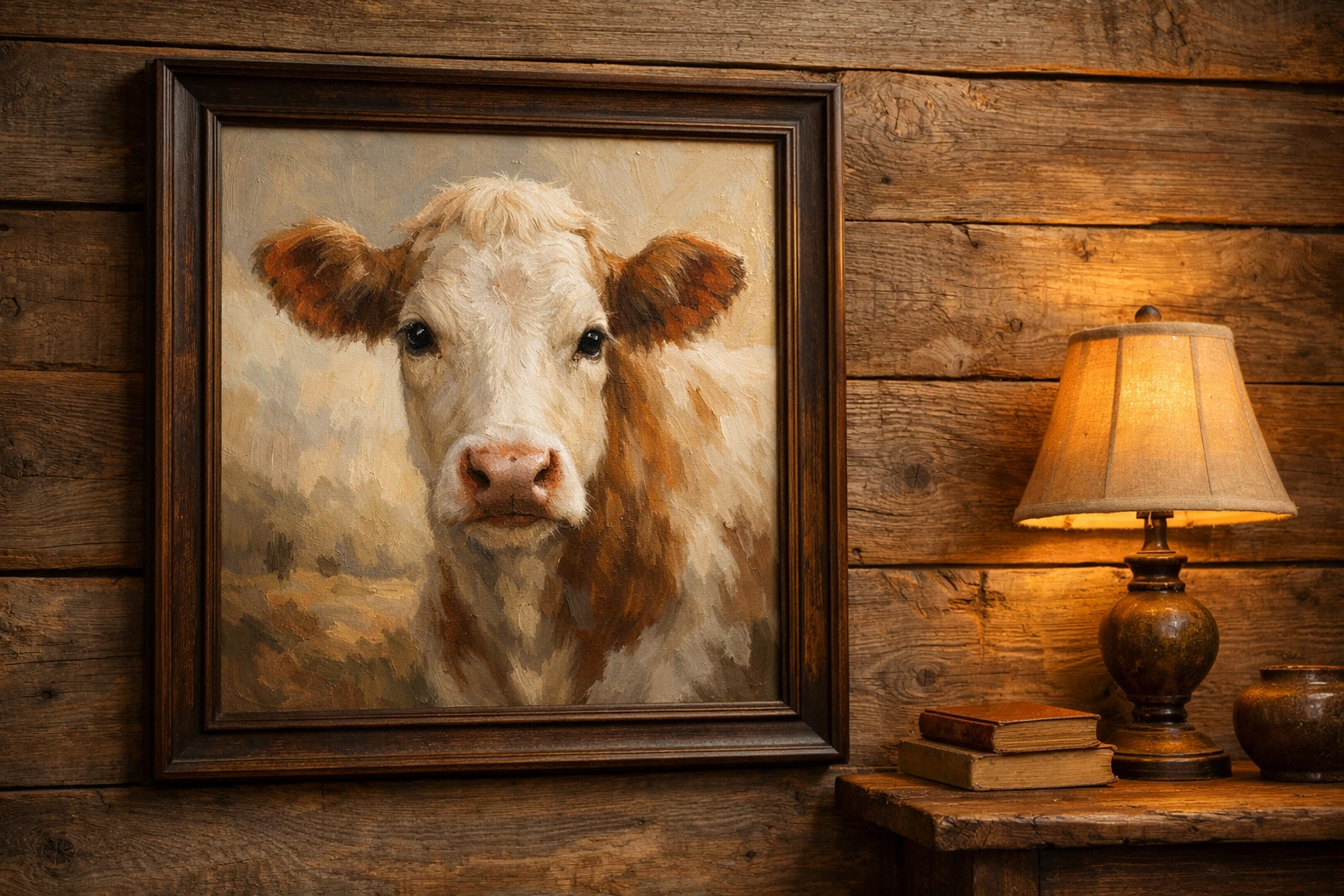Handcrafted cow oil painting in a dark wooden frame displayed on a rustic reclaimed barn wood wall.