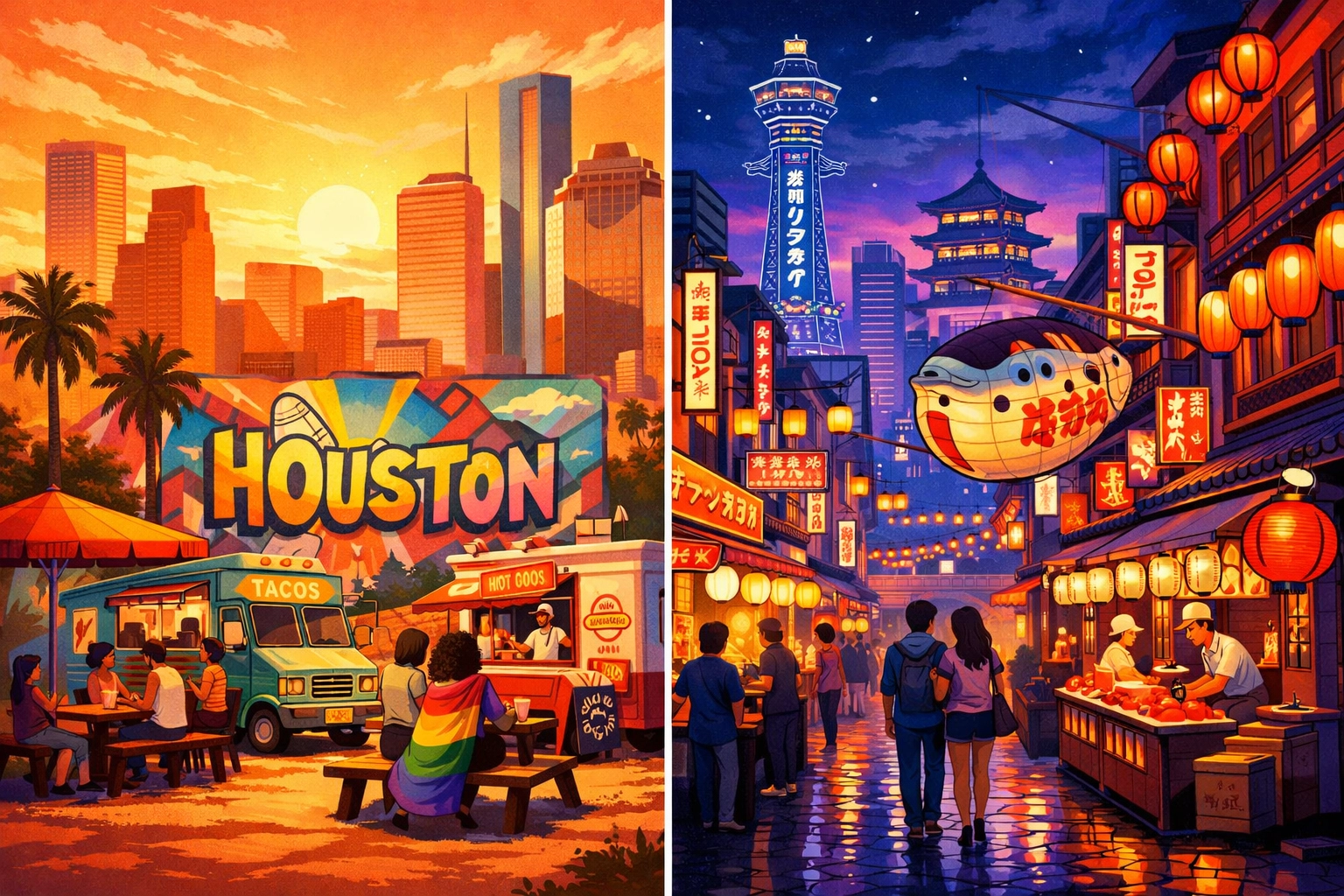 Houston and Osaka cityscapes showing geographic distance in Bryan Washington's Memorial