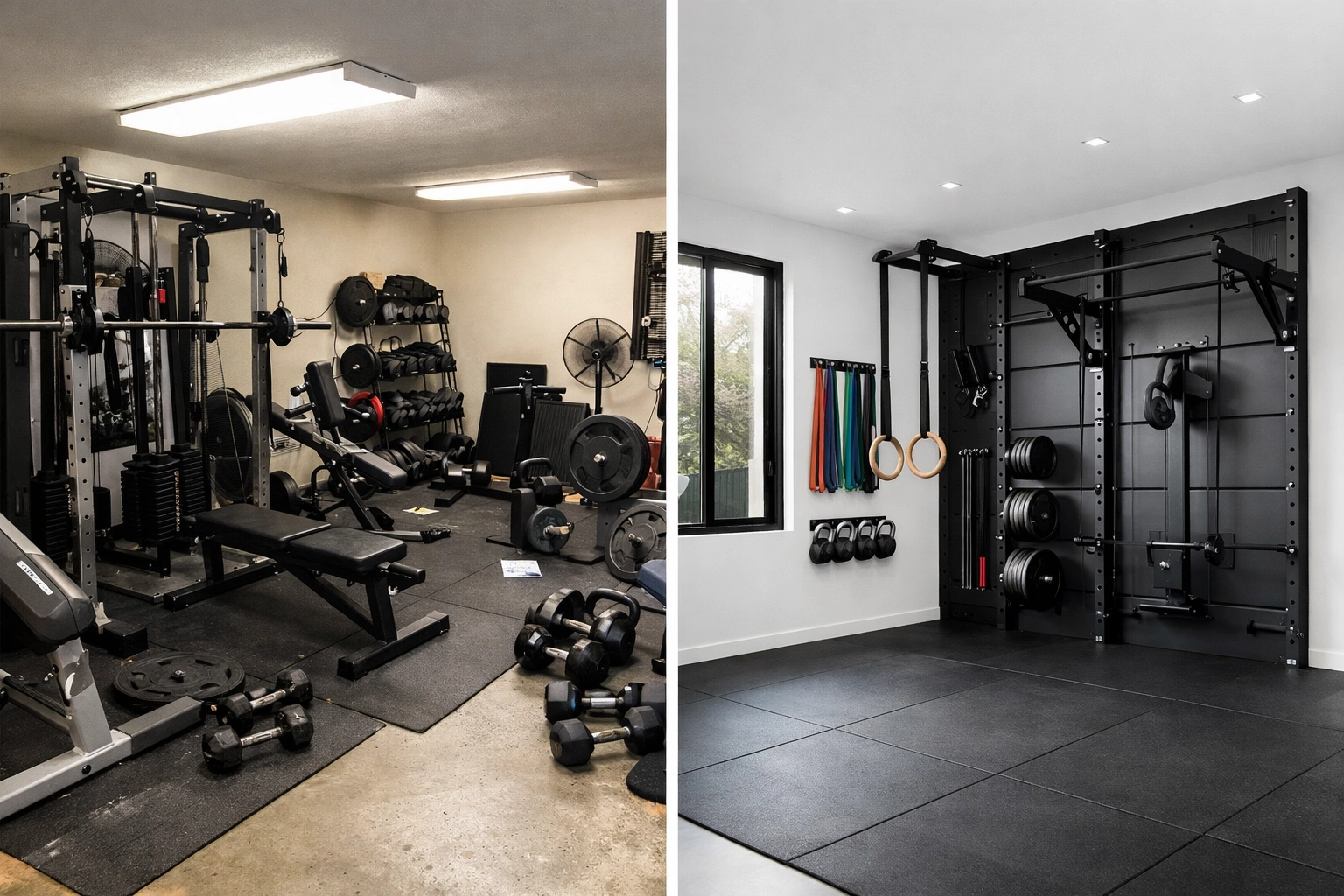 Before and after comparison of traditional home gym vs versatile space-saving setup