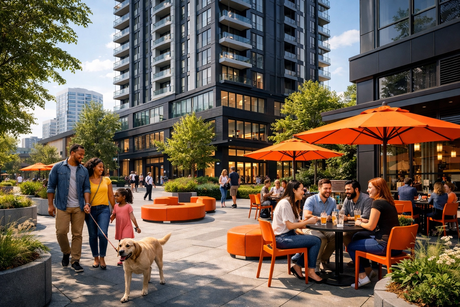 Vibrant urban plaza and residential tower demonstrating successful community impact and neighborhood revitalization.