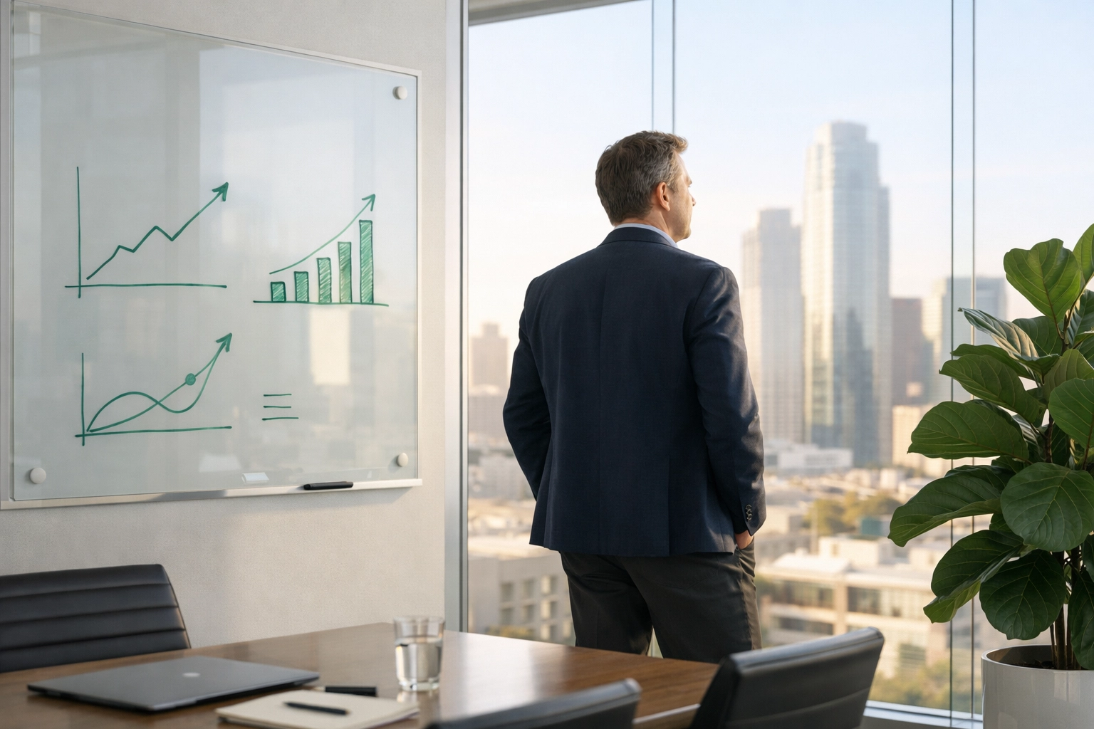 A founder analyzing startup growth trends and financial data in a professional conference room setting.