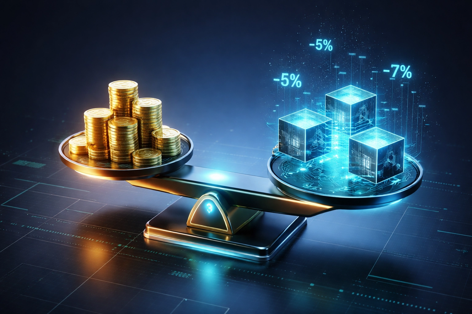 Futuristic digital scale comparing gold coins and blockchain nodes, symbolizing reduced merchant interchange fees with Web3 payments.
