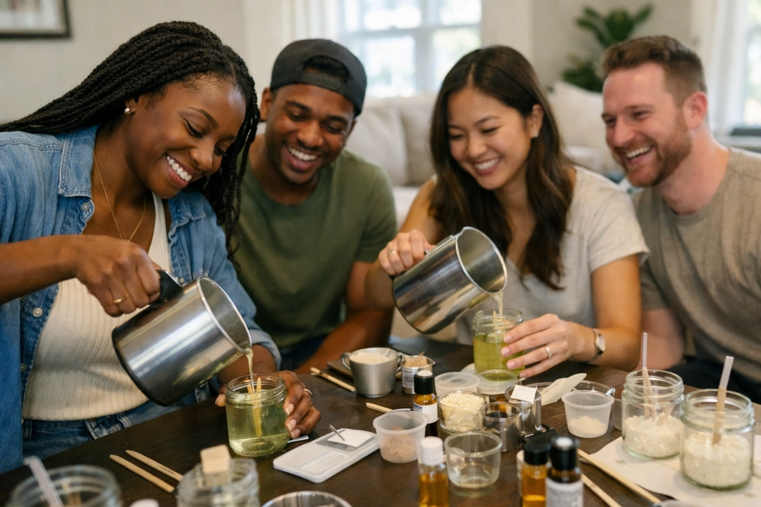 Diverse friends enjoying a mobile candle making workshop at home in the DMV