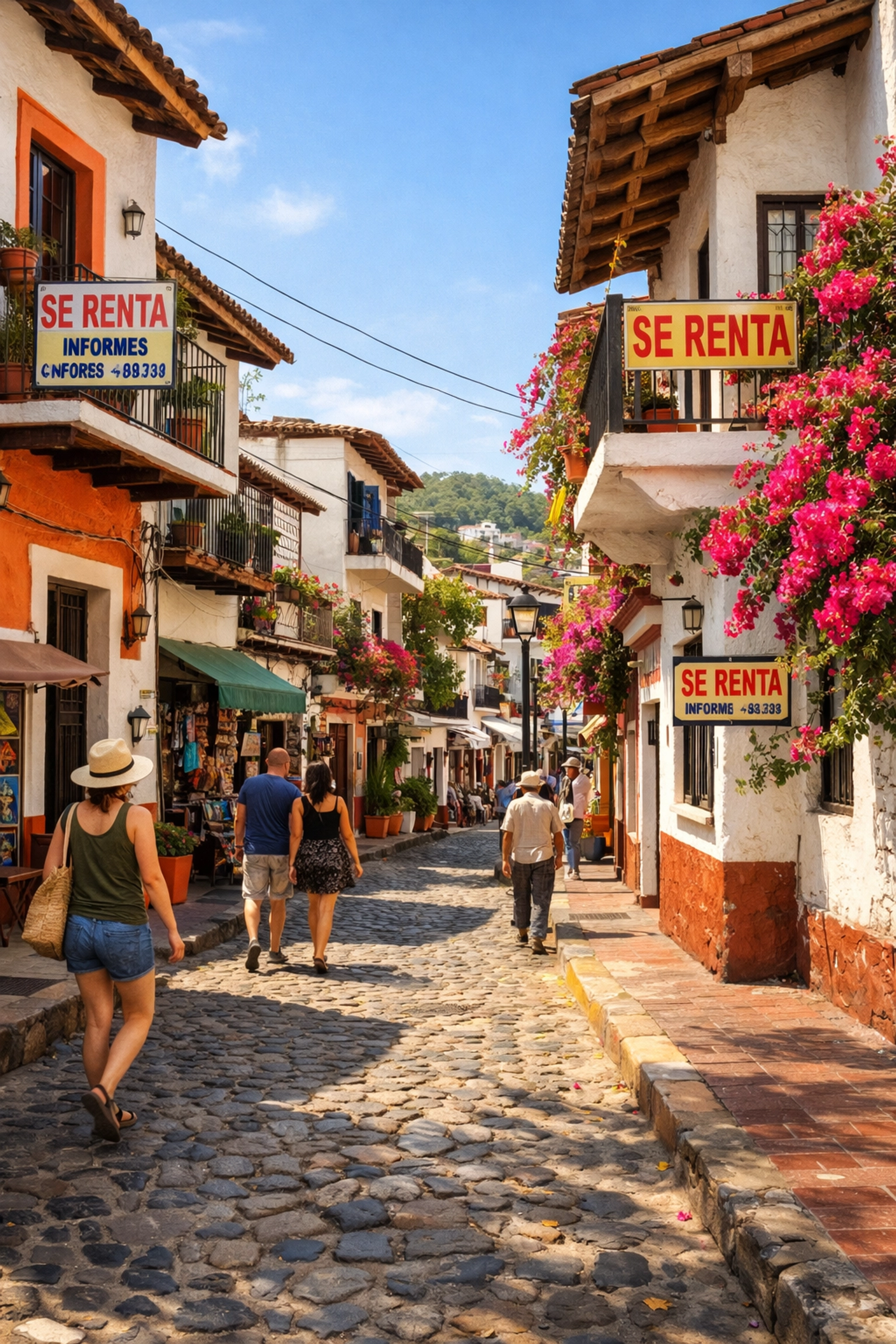 Colorful Zona Romántica street in Puerto Vallarta with rental signs on balconies