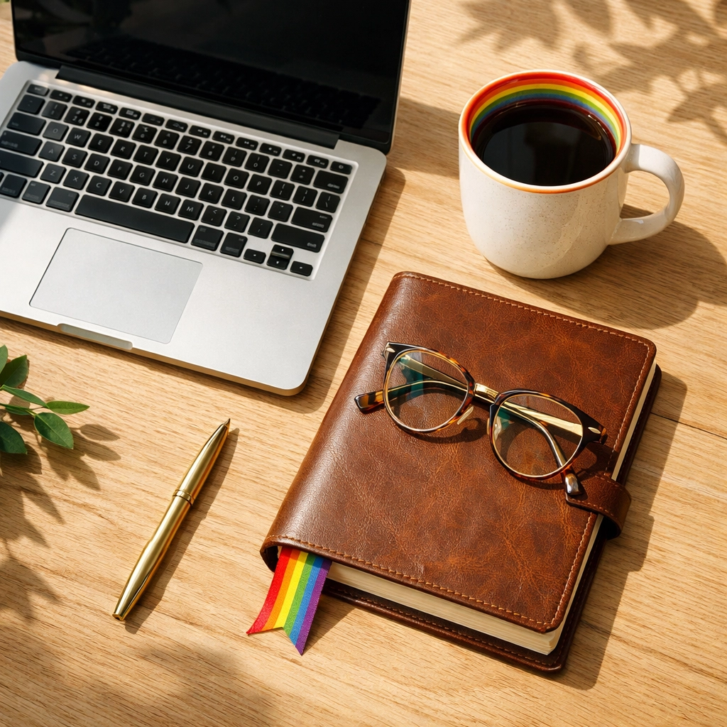 A workspace with a laptop and pride stationery for an aspiring LGBTQ+ ebook author.