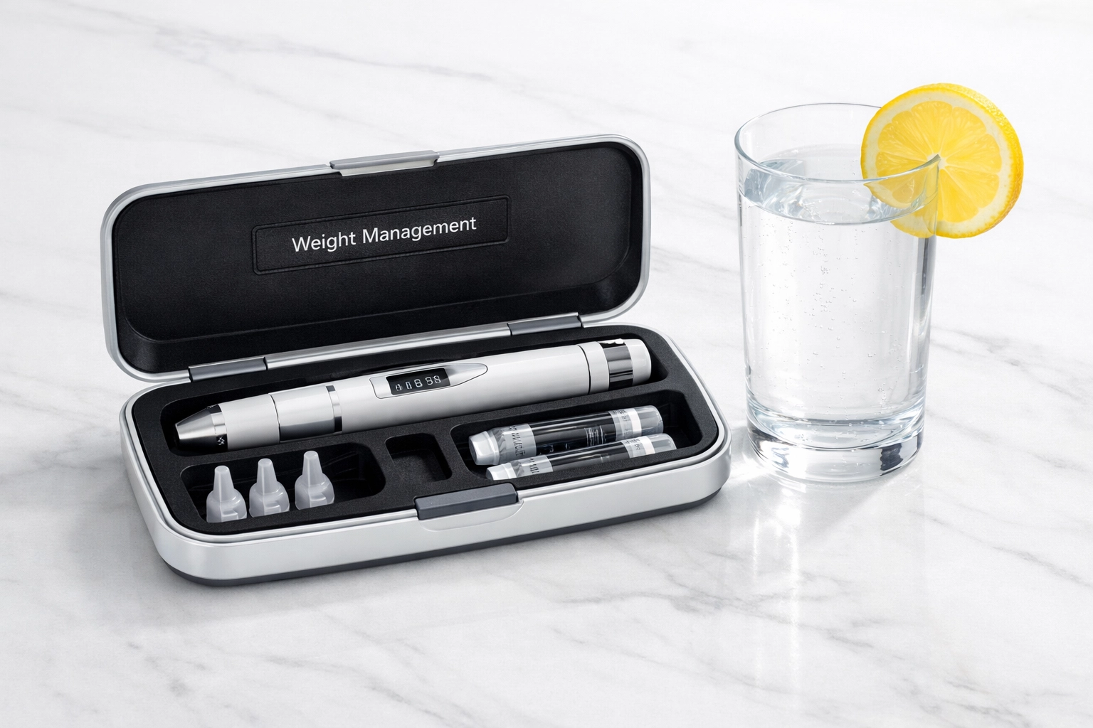 A medical weight loss injection pen for tirzepatide treatment on a clean surface.