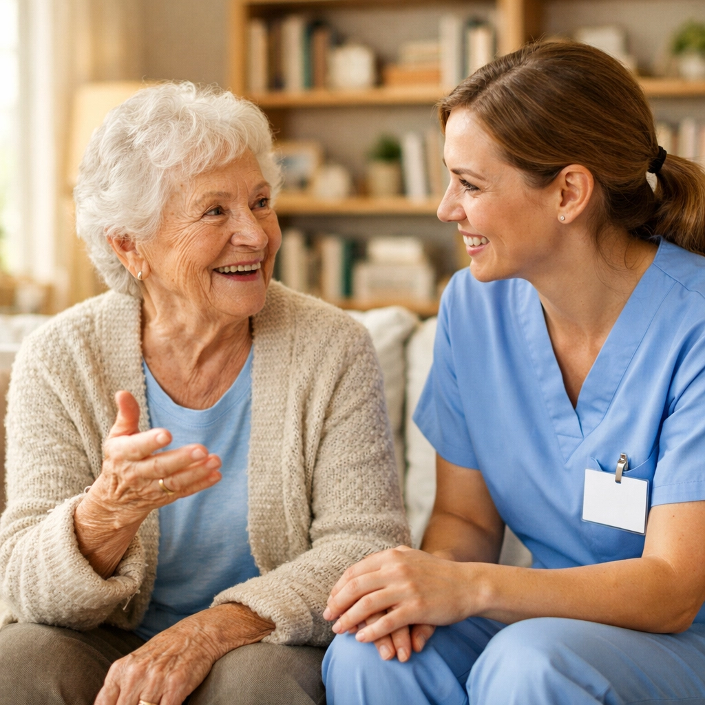 Healthcare assistant providing senior companionship care and support to an older person in their home.