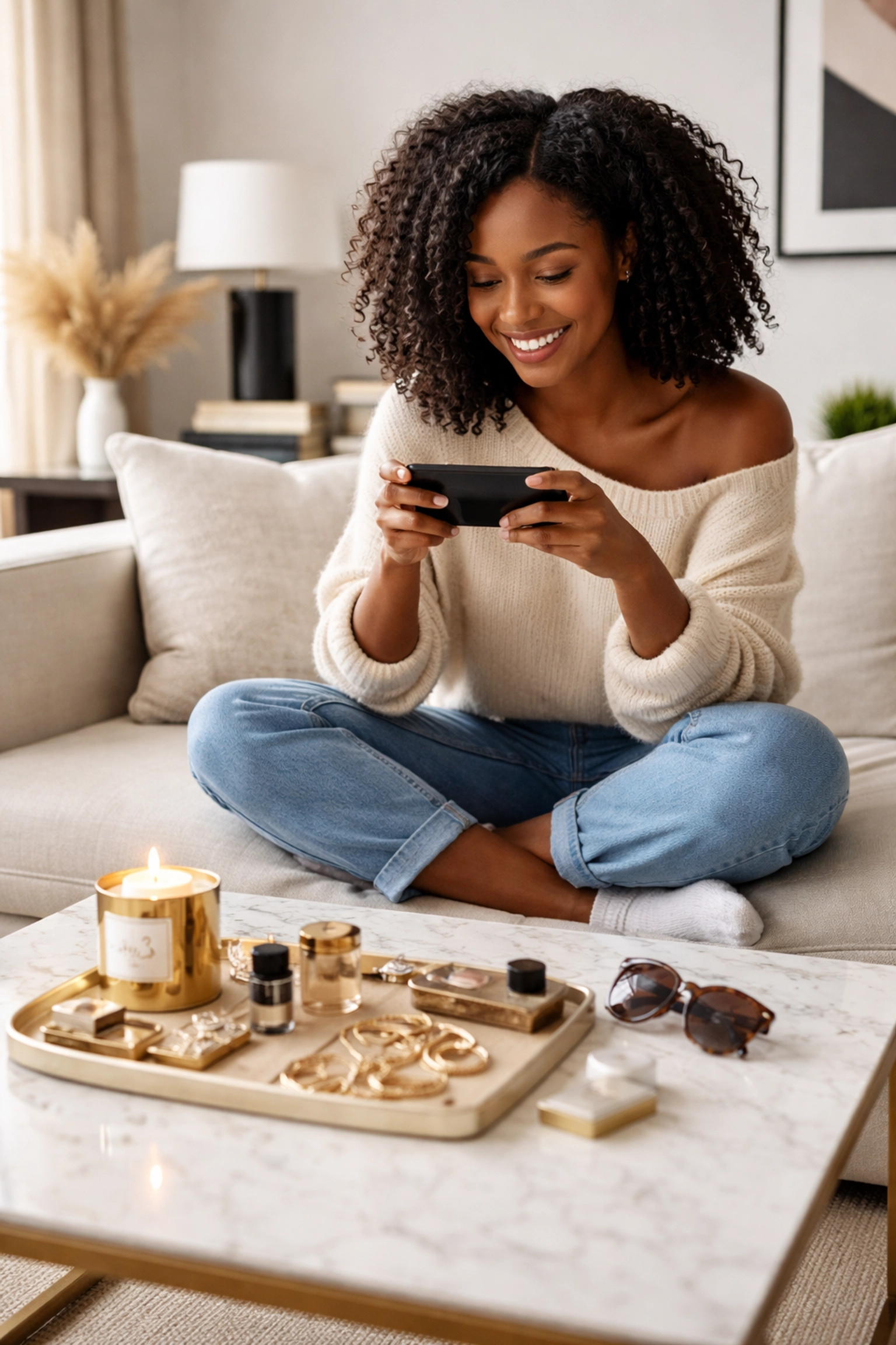 How to Support Black Entrepreneurs and Make Every Purchase Count Young Black woman taking a photo of luxury candles and accessories on coffee table, promoting Black-owned brands online.