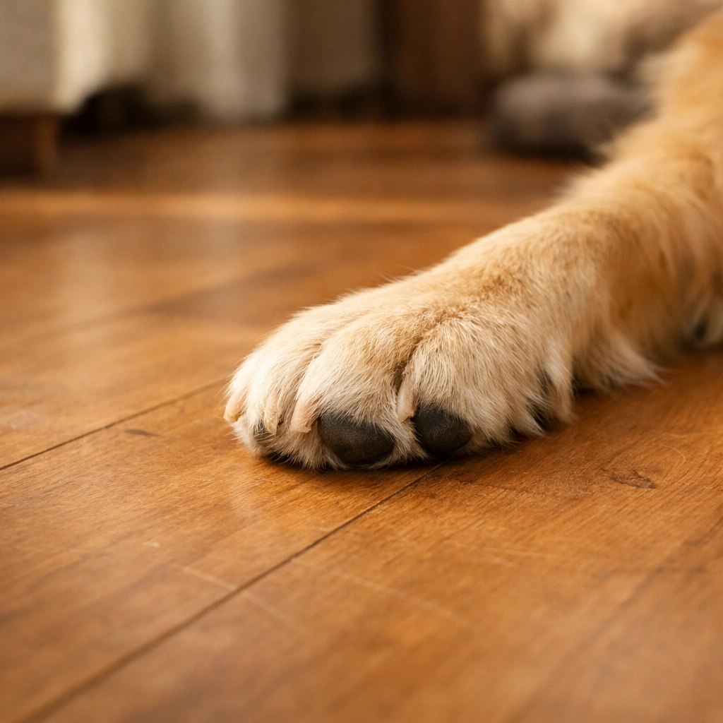 Dog paw on matte hardwood floor demonstrating how scratches blend into the finish