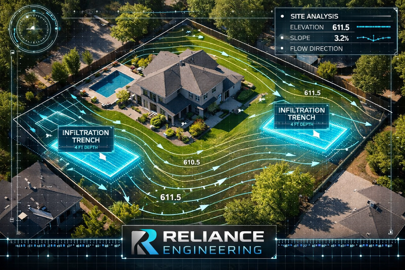 Detailed GTA residential site-grading plan with drainage contours and LID engineering overlays.