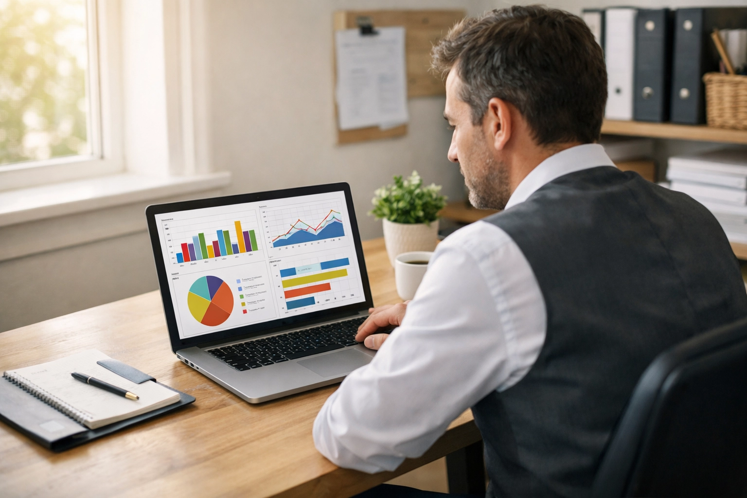 Restaurant manager reviewing sales analytics and business performance on a modern epos dashboard.