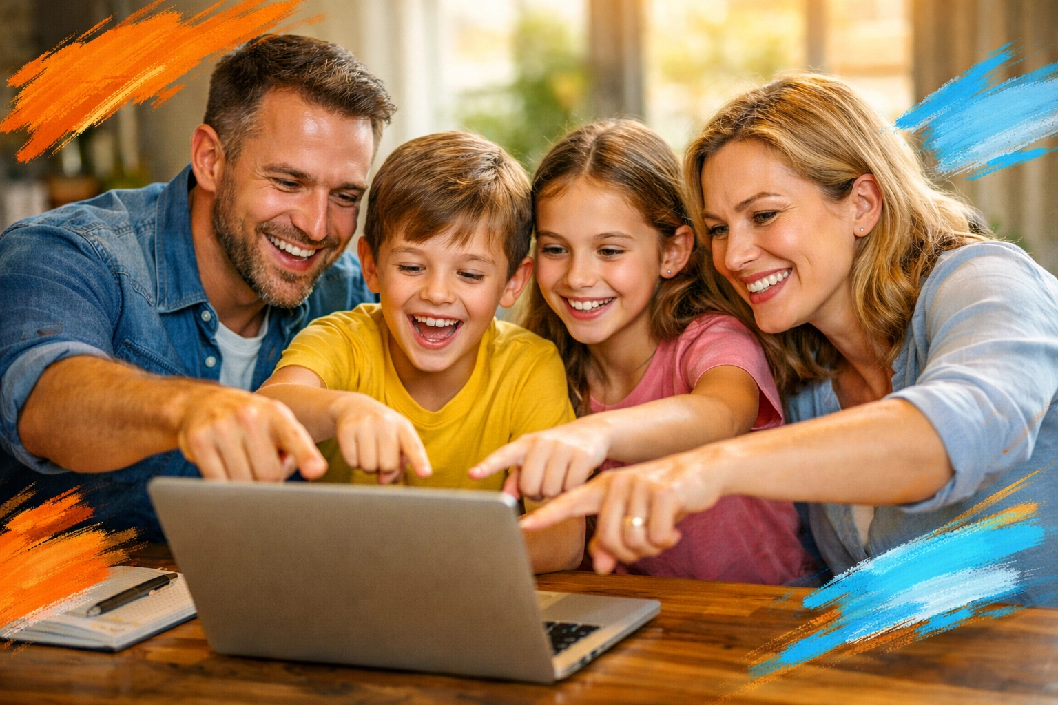 Family gathered around laptop reviewing home listings and making real estate decisions together