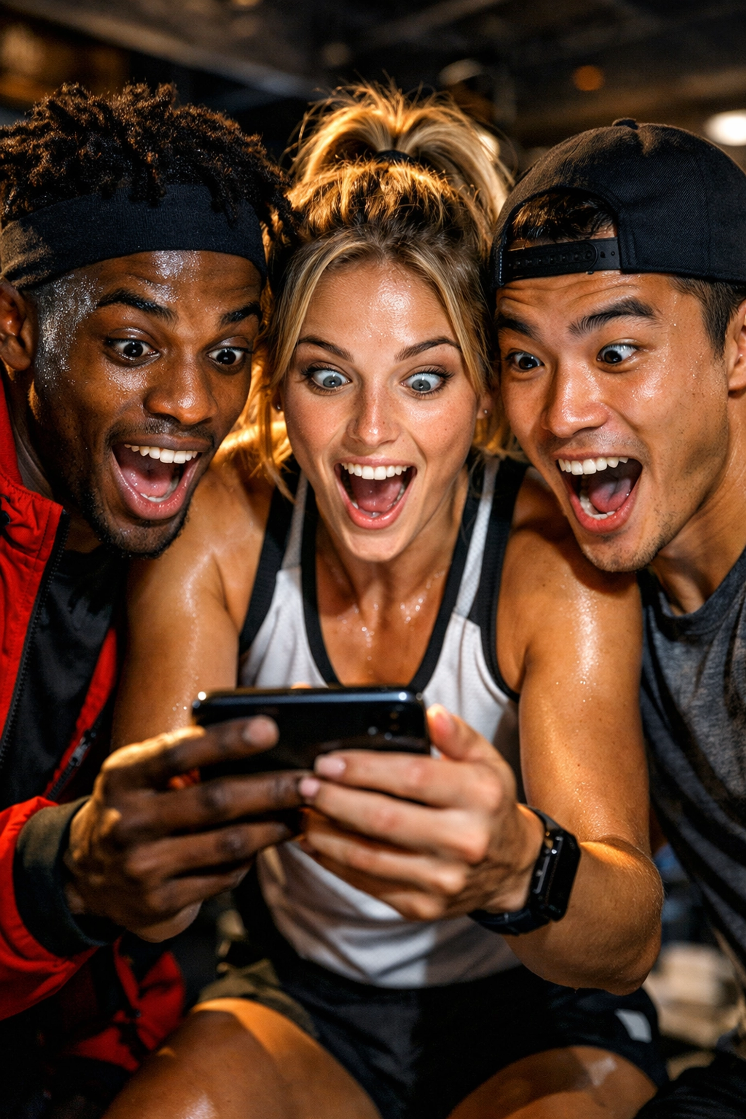 Diverse athletes engaged with sports content on a smartphone, illustrating second-screen Super Bowl engagement.