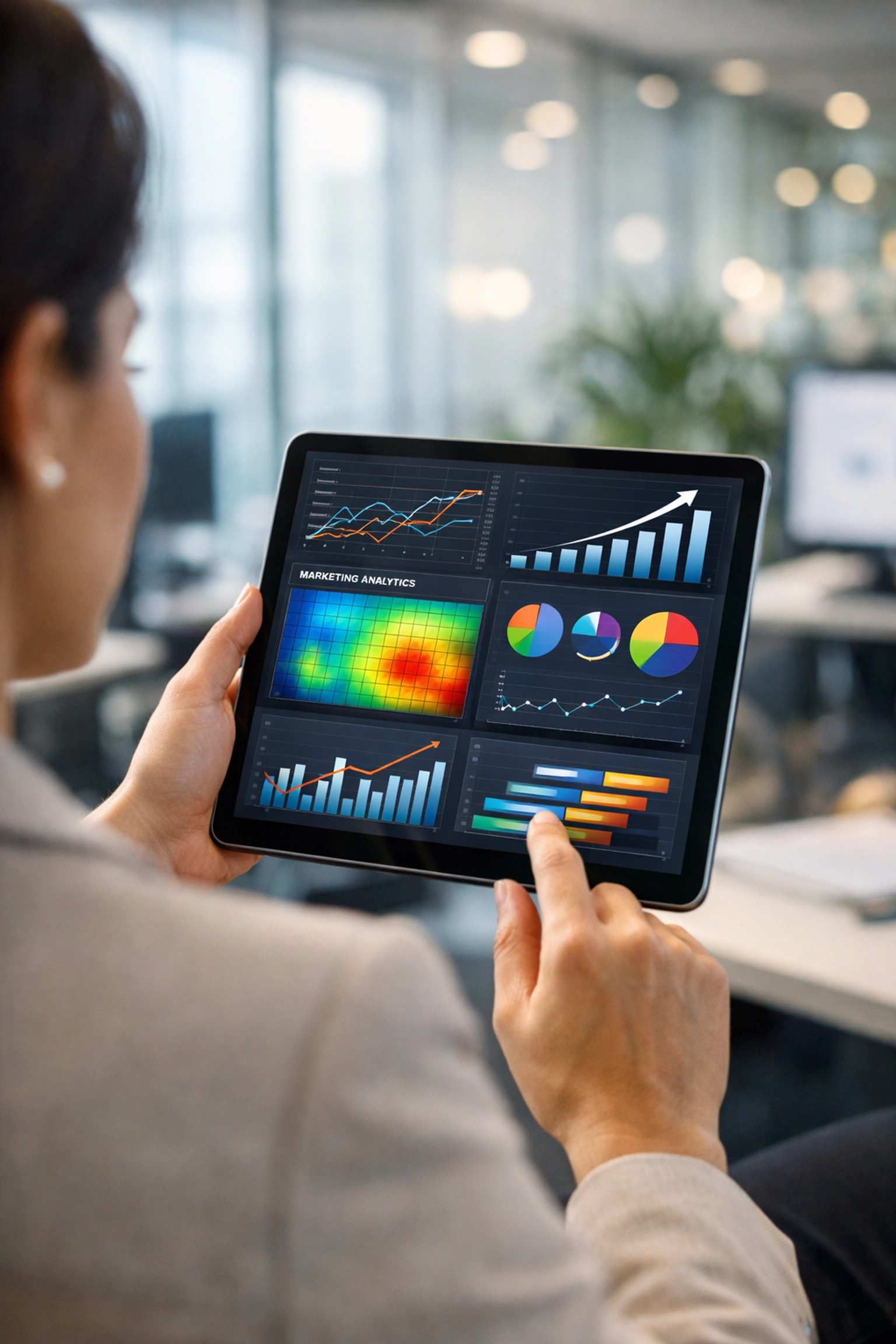 Marketing professional reviewing zoo sponsorship performance data and analytics on a digital tablet dashboard.