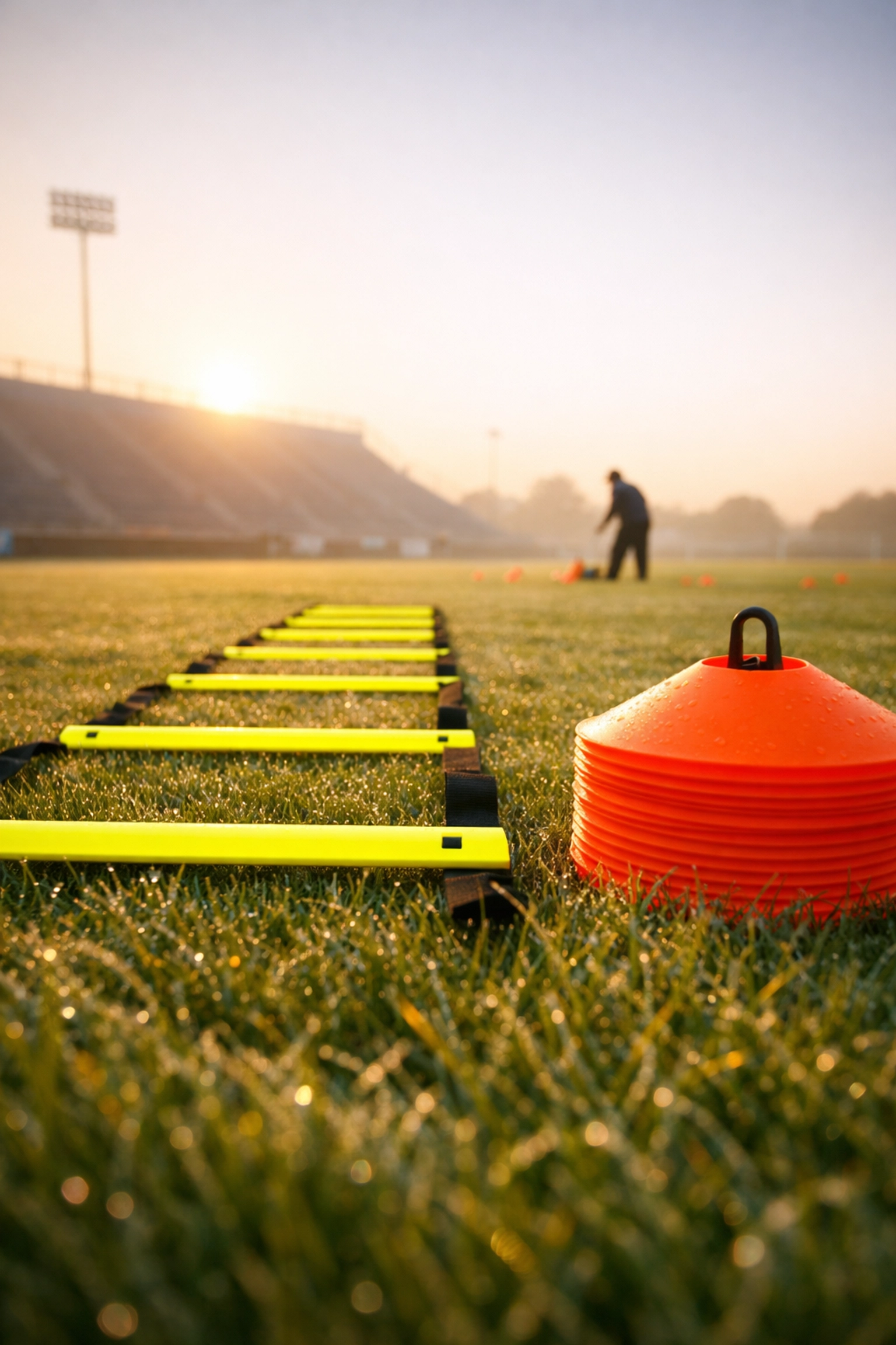 Agility ladder and orange disc cones on a grass field for preseason soccer speed training.