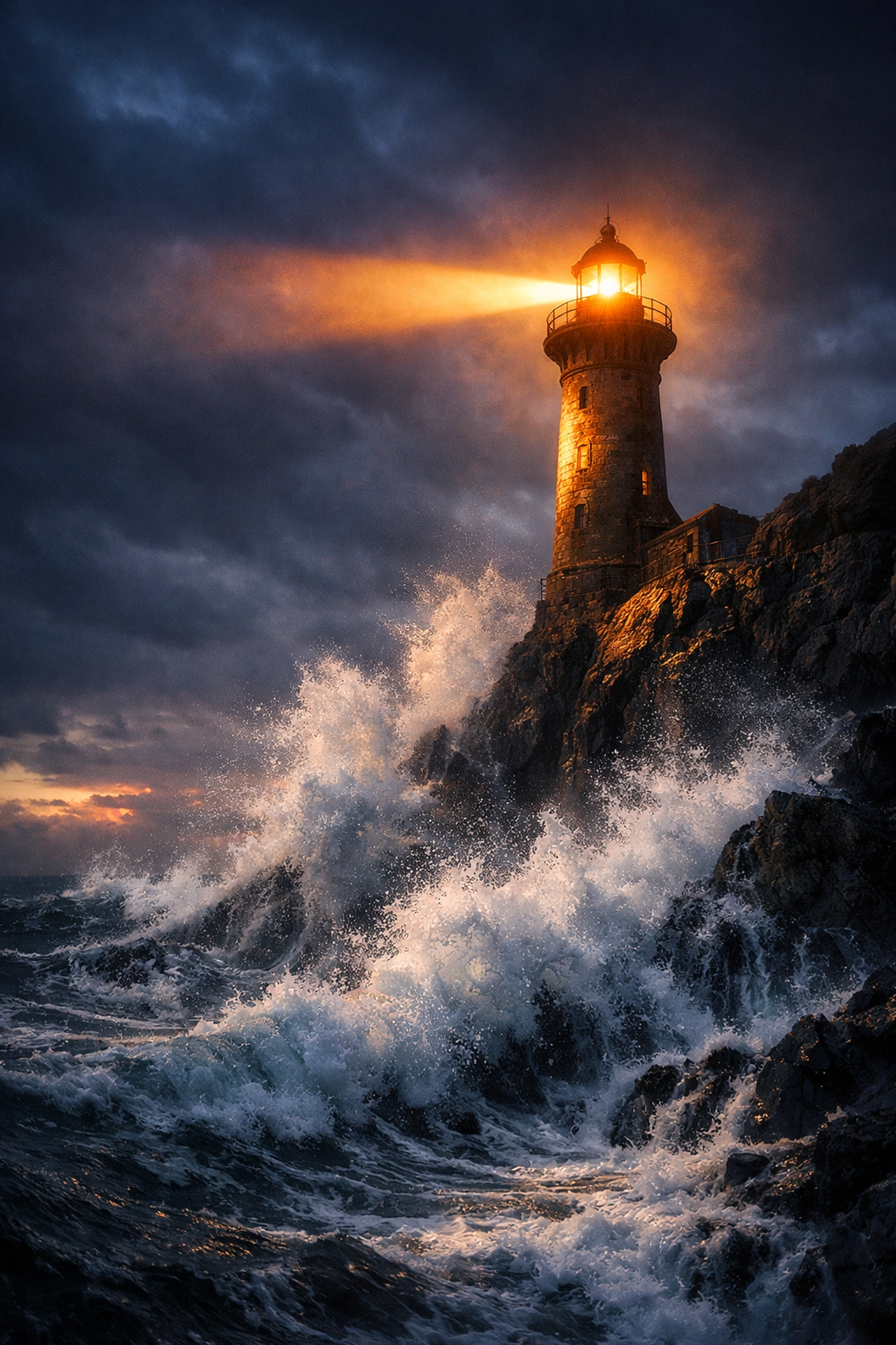 A lighthouse glowing in a dark sea at twilight, illustrating how sharing your recovery story guides others to safety.