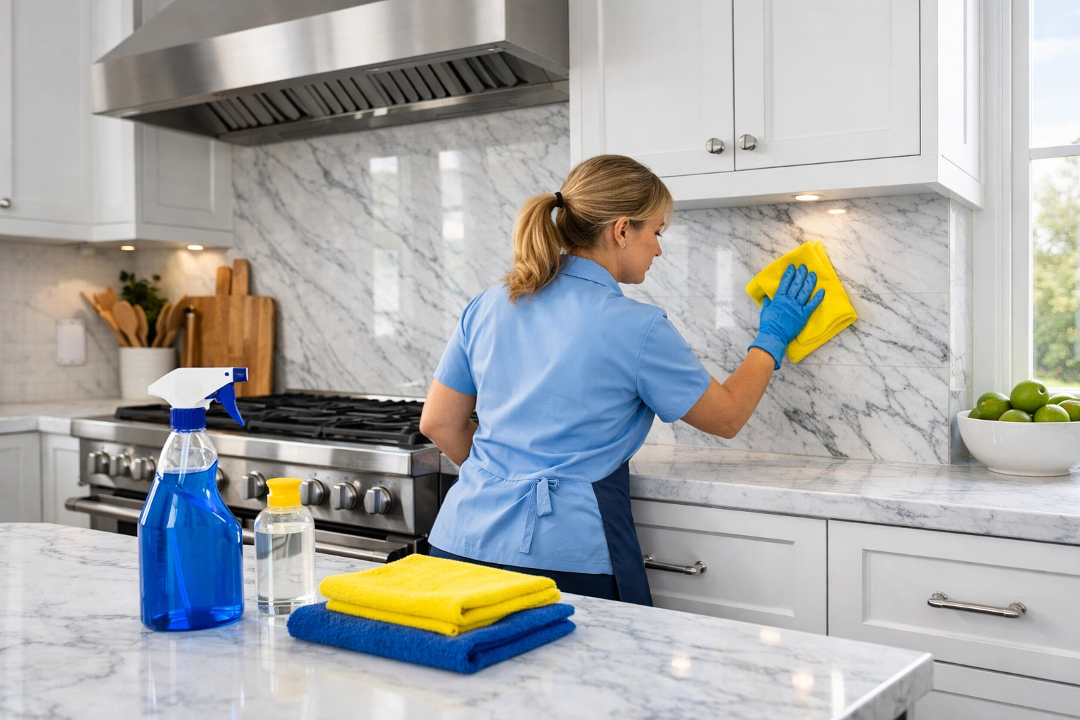 Professional cleaner performing a deep cleaning Westford service in a modern kitchen with marble surfaces.