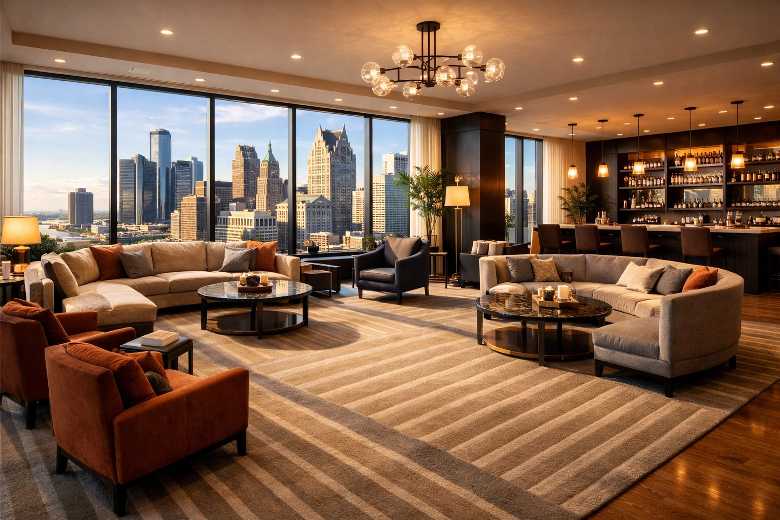 Clean metropolitan office lounge with fresh vacuum lines and a city skyline view in Detroit.