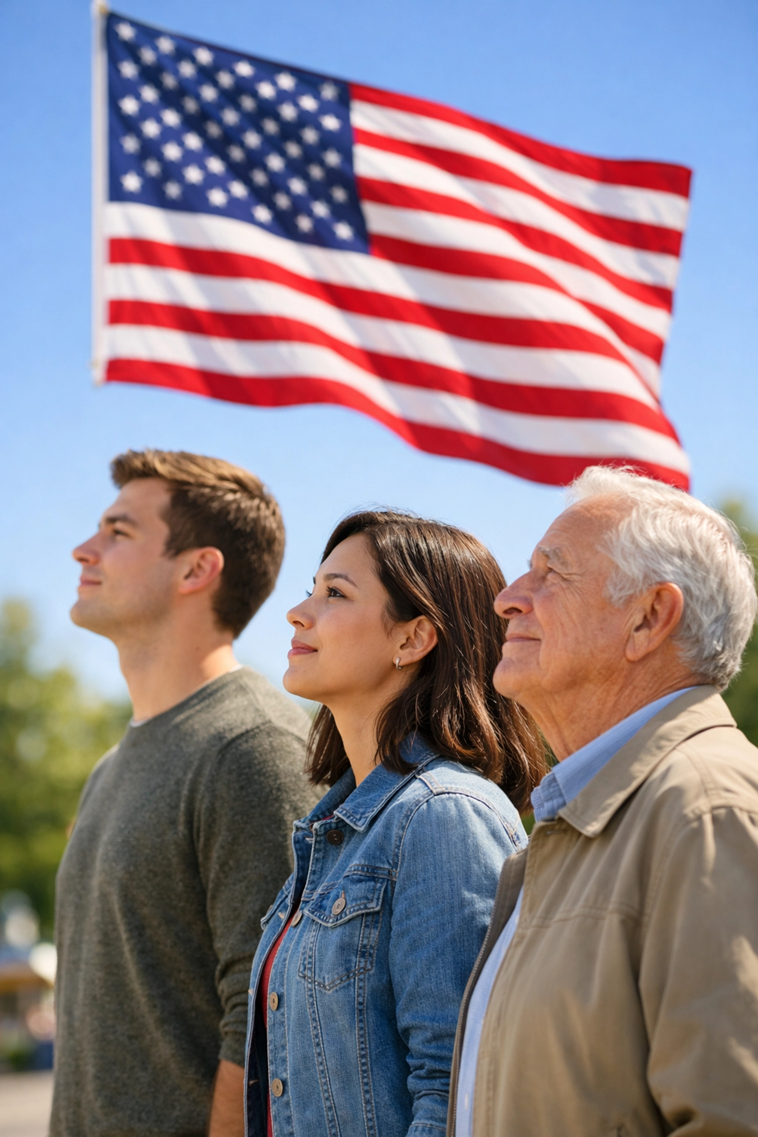 Diverse group of patriotic Americans looking up at the flag in a sunlit park during a community event.