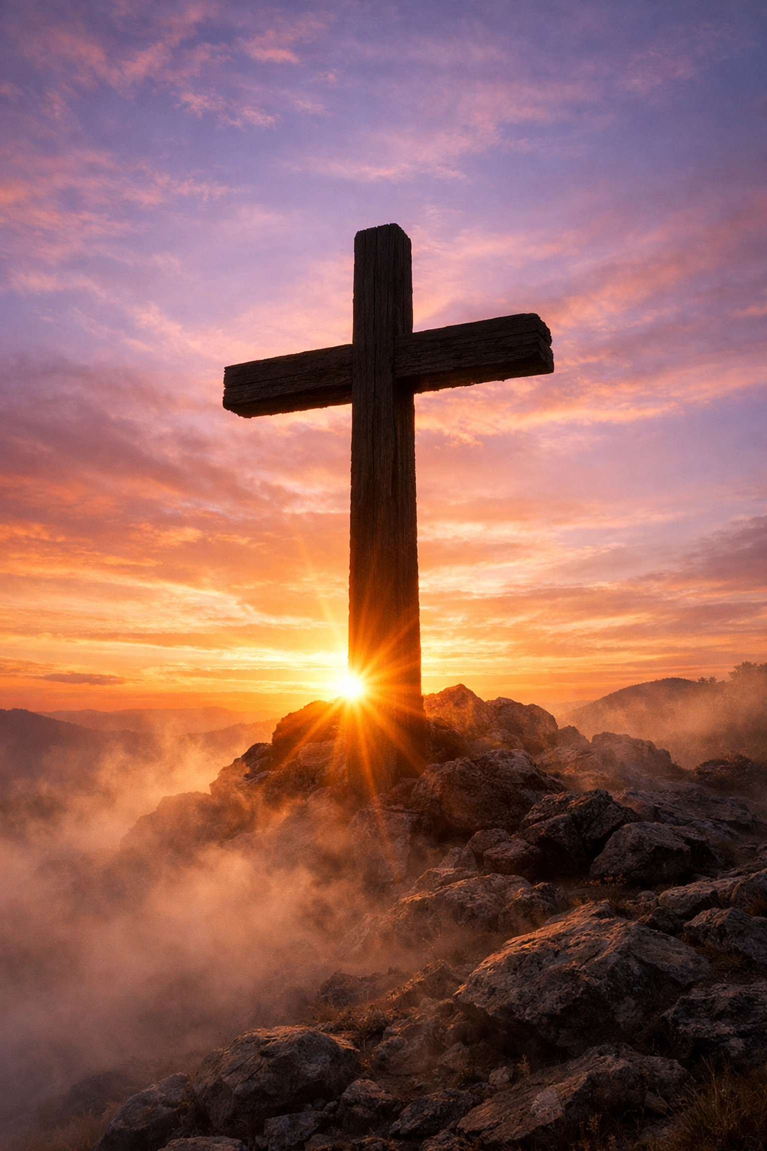 Wooden cross standing firm on hillside at sunrise symbolizing steadfast faith in Jesus