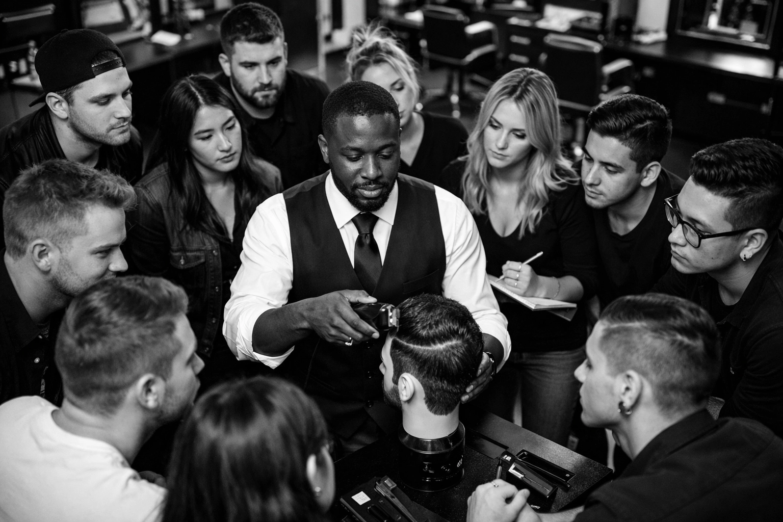 Diverse barber students learning clipper techniques from instructor at X-Quisite Cutz School