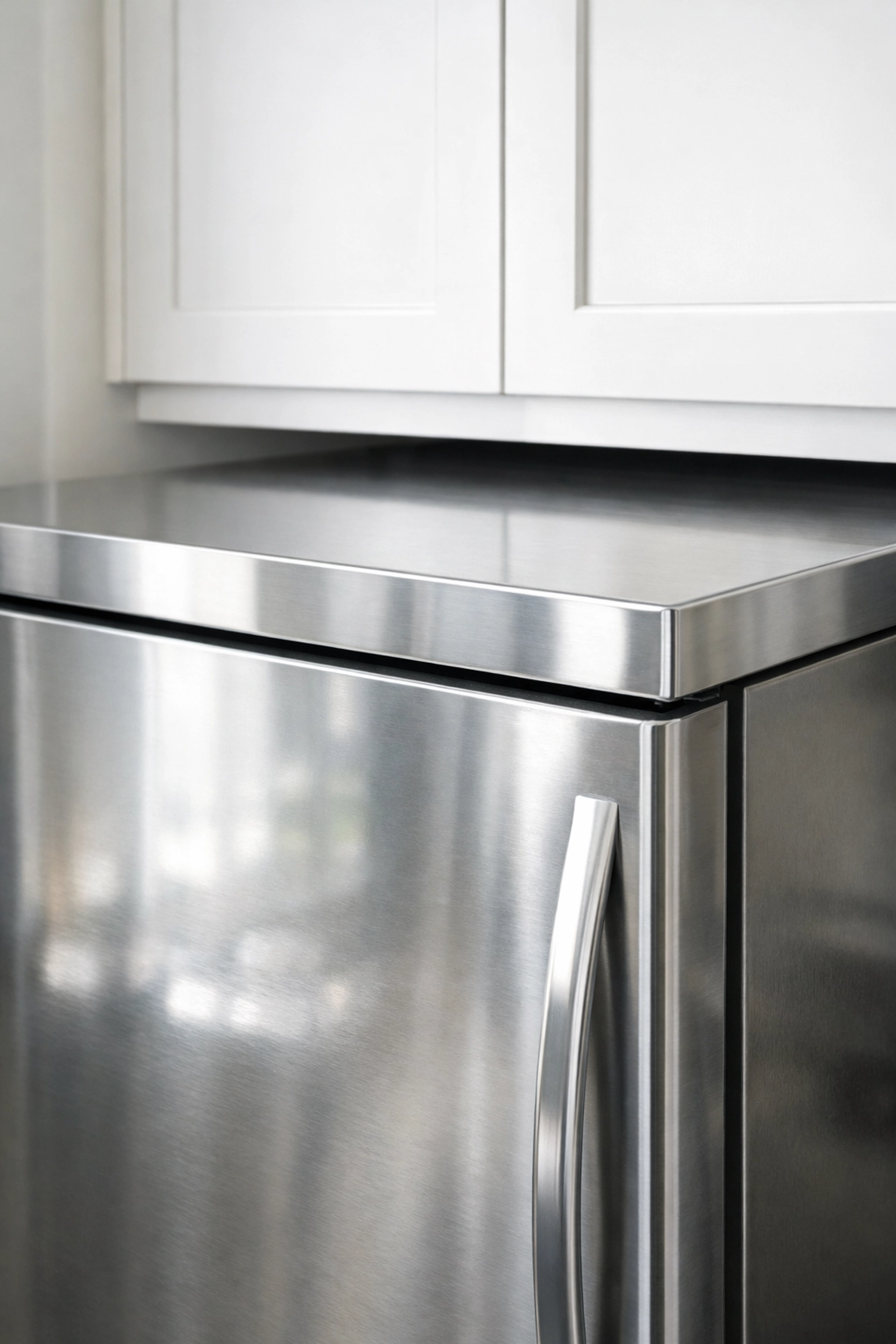 Deep cleaned stainless steel refrigerator and white kitchen cabinets in a professionally managed rental unit.