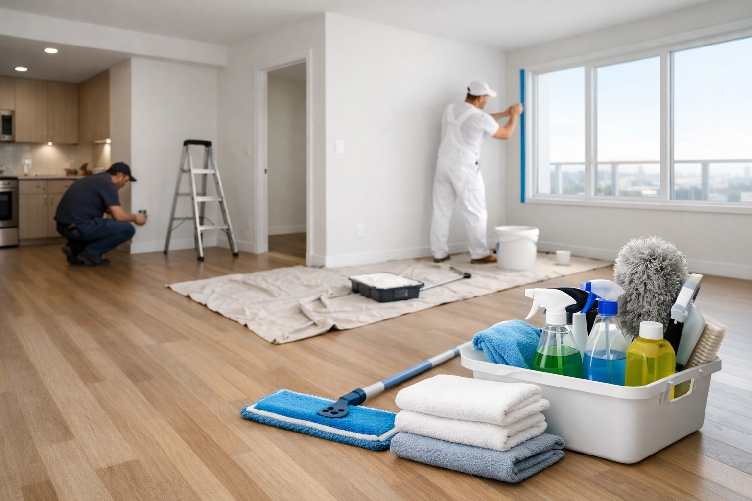 Maintenance crew coordinating apartment turnover tasks in proper sequence