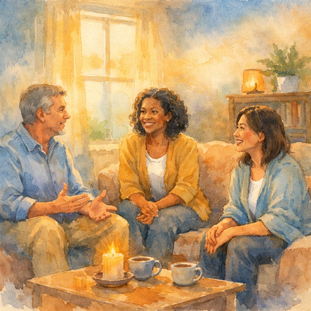 Diverse small group having peaceful conversation in cozy living room with natural light