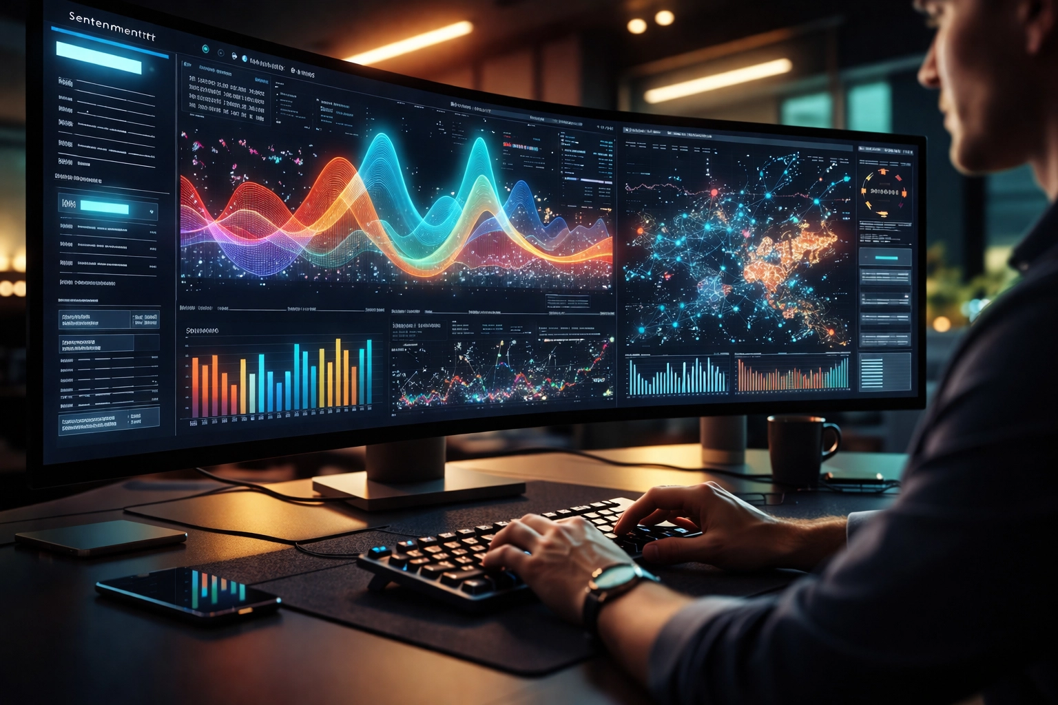 Modern workspace with data visualizations on a large monitor, showcasing technology's role in PR strategy.