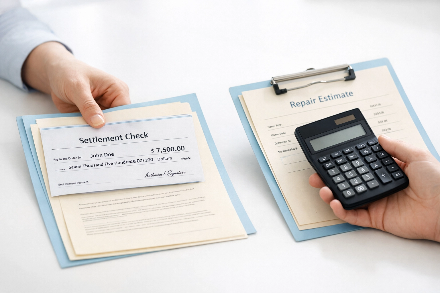 Insurance settlement negotiation with calculator and repair estimates for Pennsylvania homeowners claim