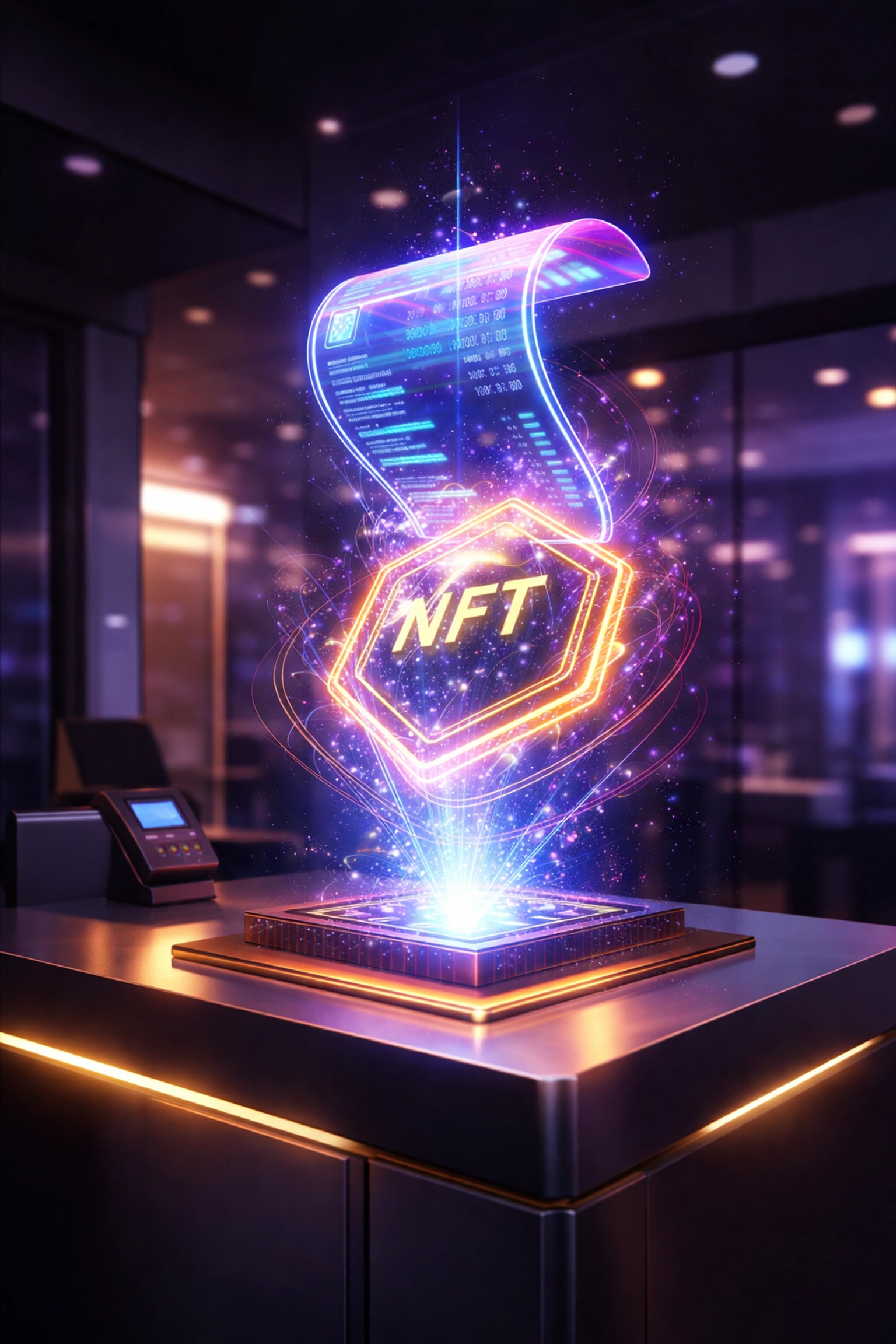 Digital NFT receipt floating above a merchant counter, highlighting blockchain-proof payments and NFT receipts for accounting.