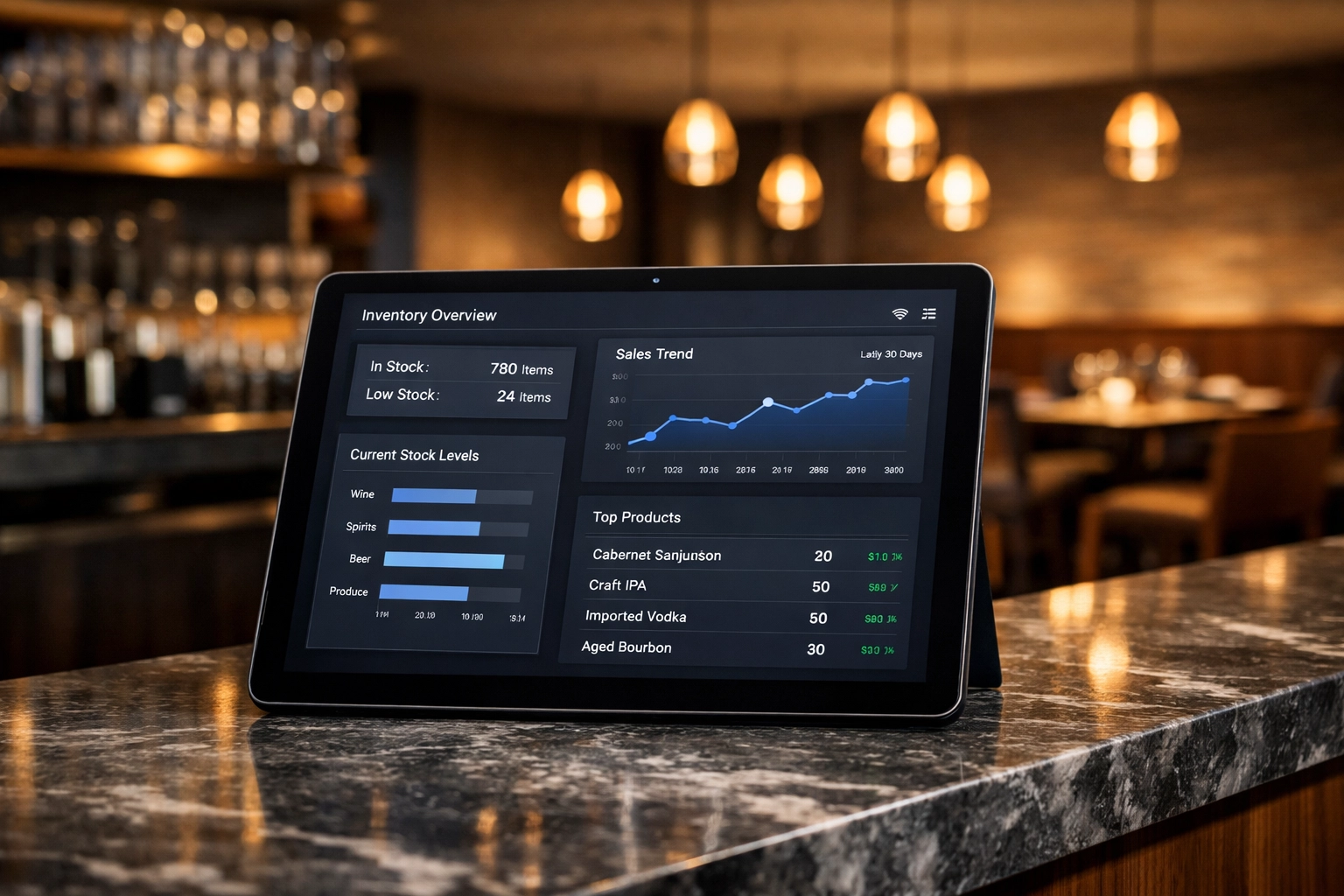 Modern restaurant inventory software on a tablet screen for real-time cost of sales tracking.