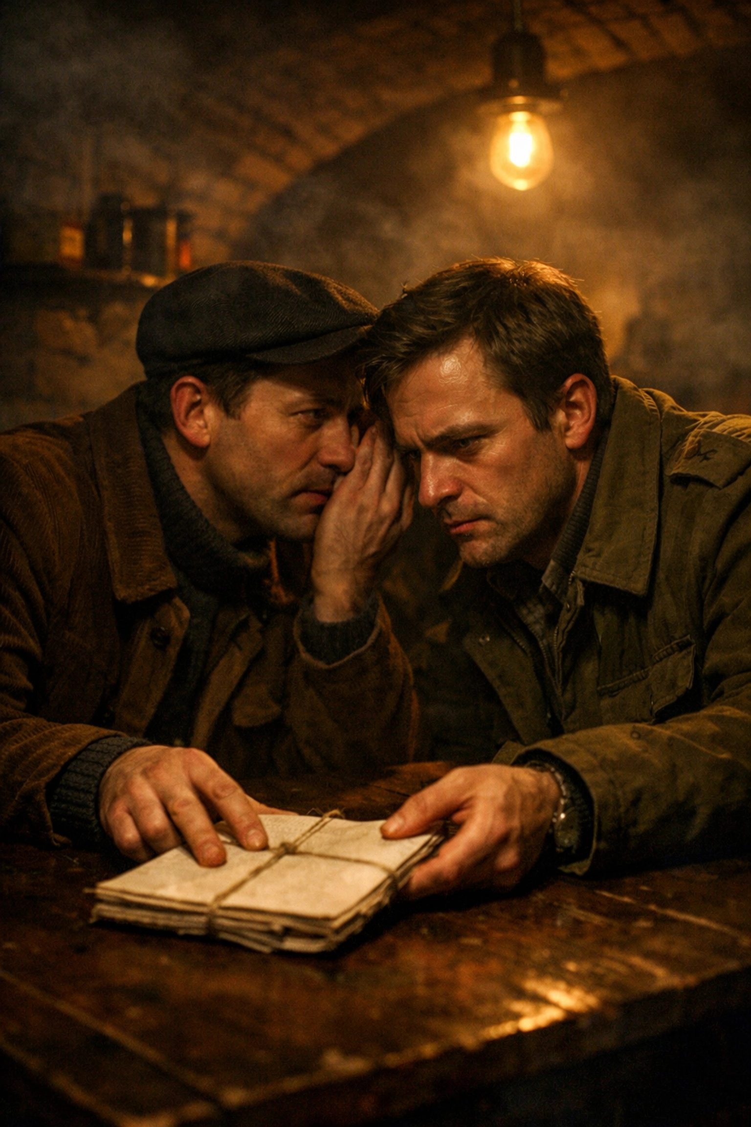 Men in a secretive 1980s Prague tavern meeting, capturing the high-stakes tension of historical gay spy romance novels.