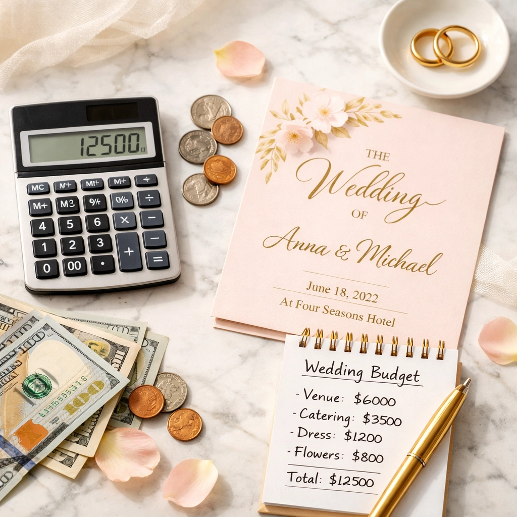 Wedding budget planning with calculator, cash, and invitation showing cost breakdown