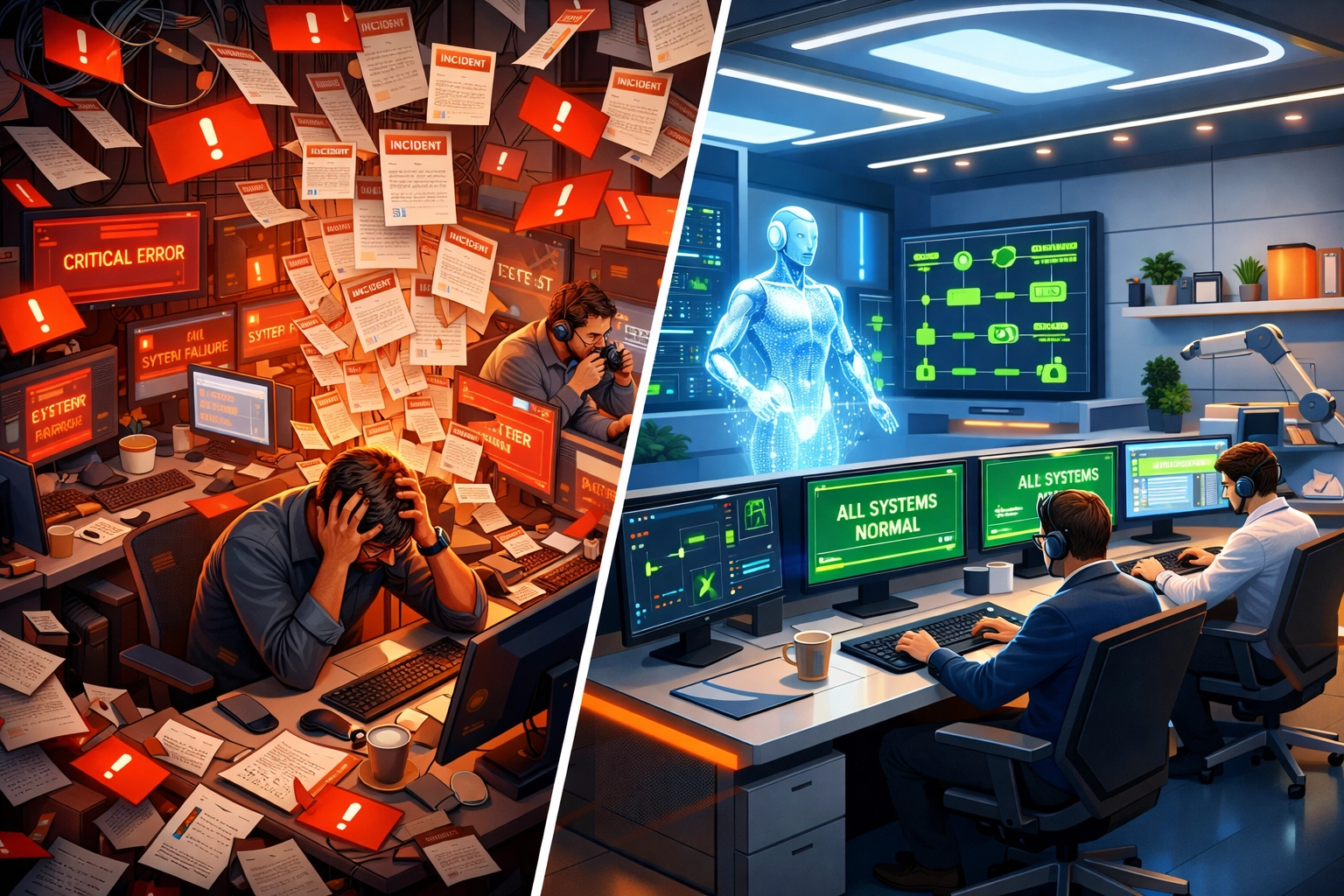 Traditional manual ITOM operations vs automated ServiceNow AI-powered incident management transformation