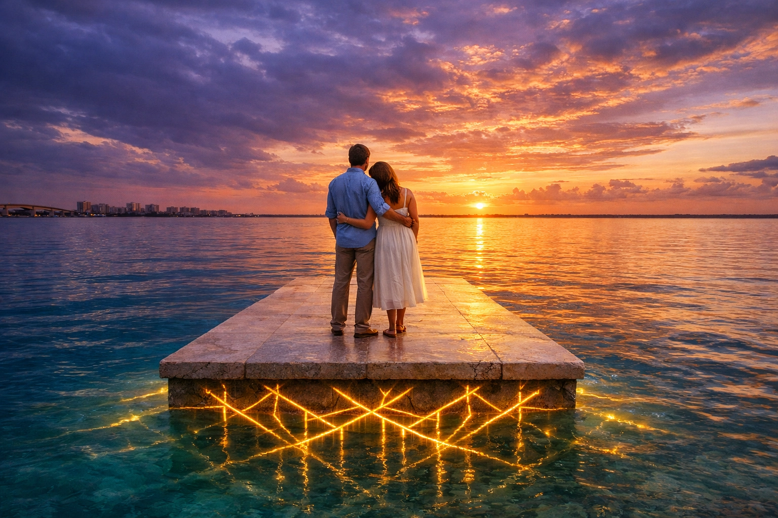 Couple on a pier in Sarasota Bay at sunset, symbolizing a secure relationship foundation through couples therapy.