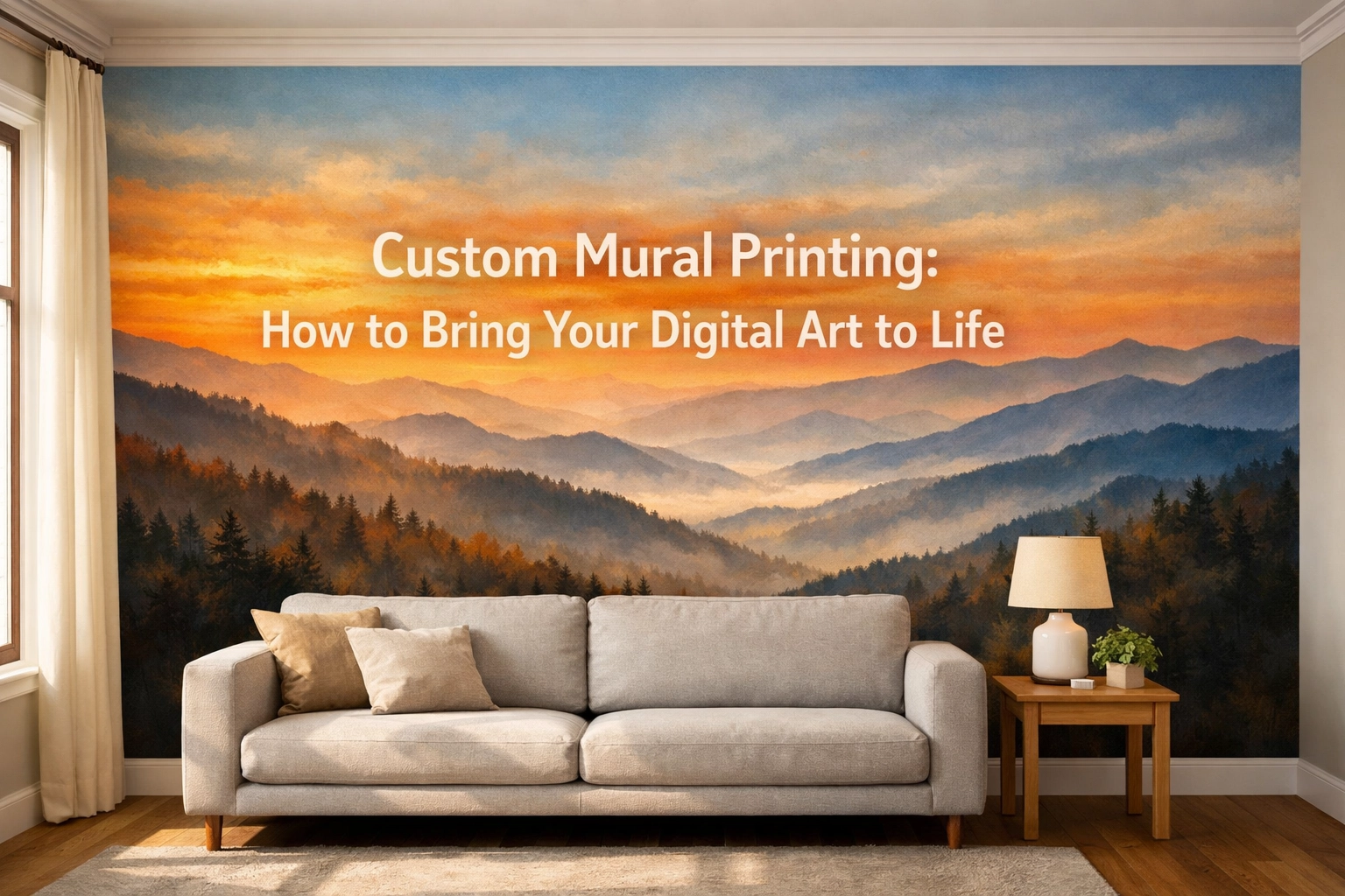 Custom mural printing of the Great Smoky Mountains on a feature wall in a modern Knoxville living room.
