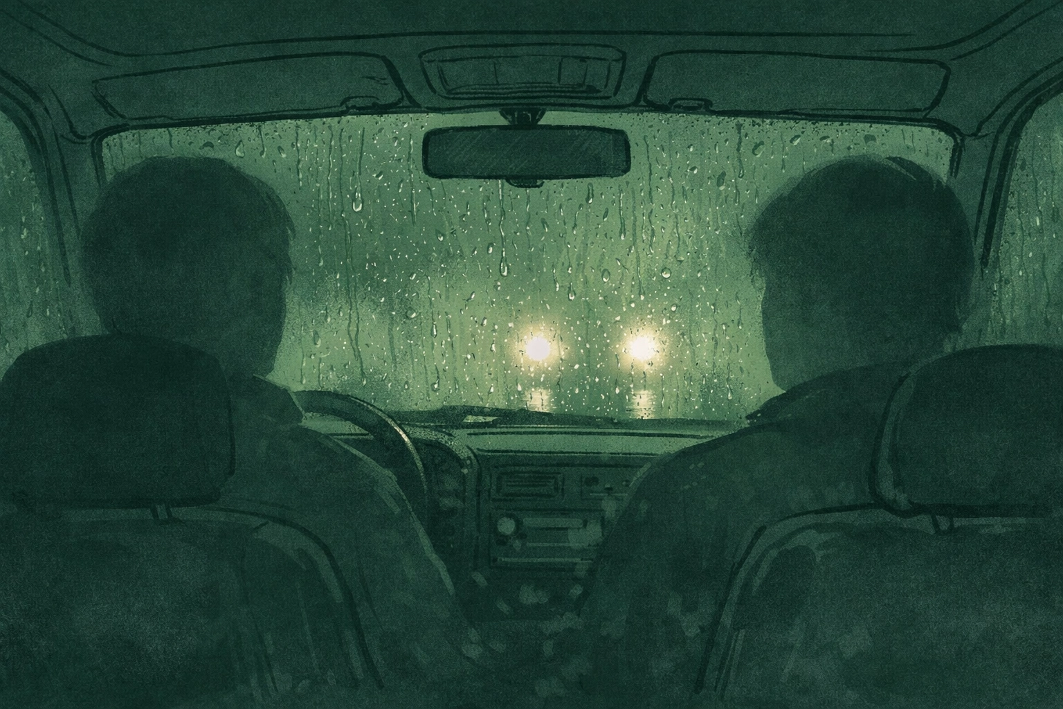 Rain-covered windshield and steamy windows creating privacy for car romance