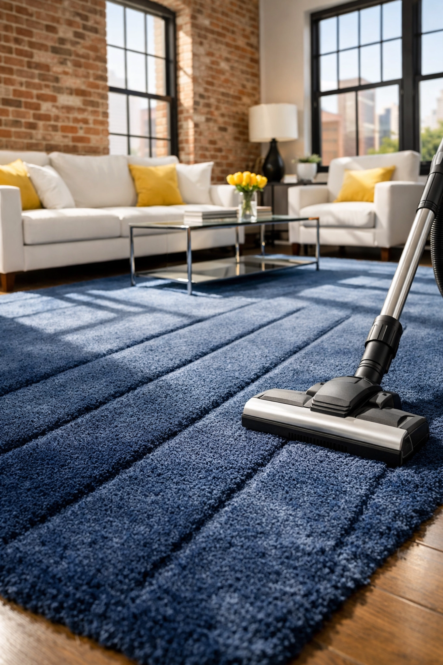 Professional maid services Worcester vacuuming a rug as part of a thorough deep cleaning project.