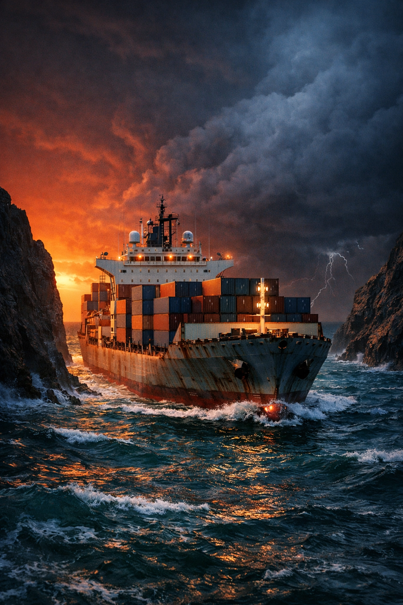 Shipping vessel in stormy waters symbolizing global trade risks and energy market volatility.