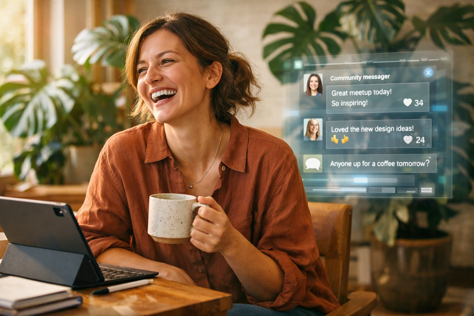 A creative professional balancing authentic human connection with digital social media management tools.