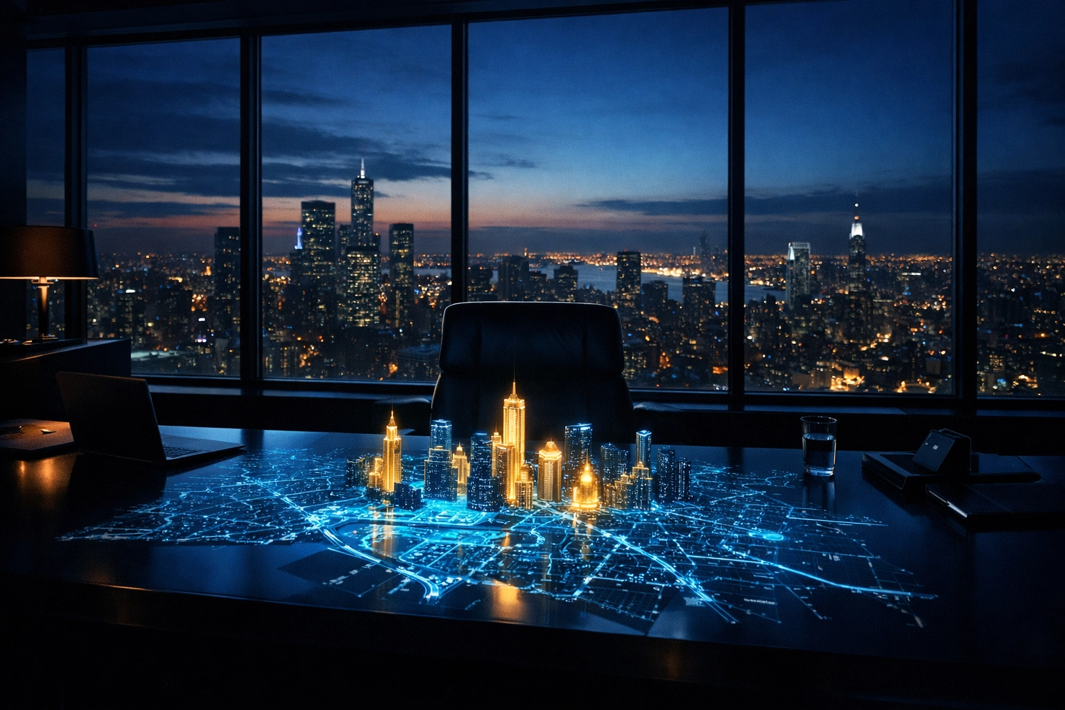 Strategic real estate intelligence command center overlooking a city skyline for off-market sourcing.