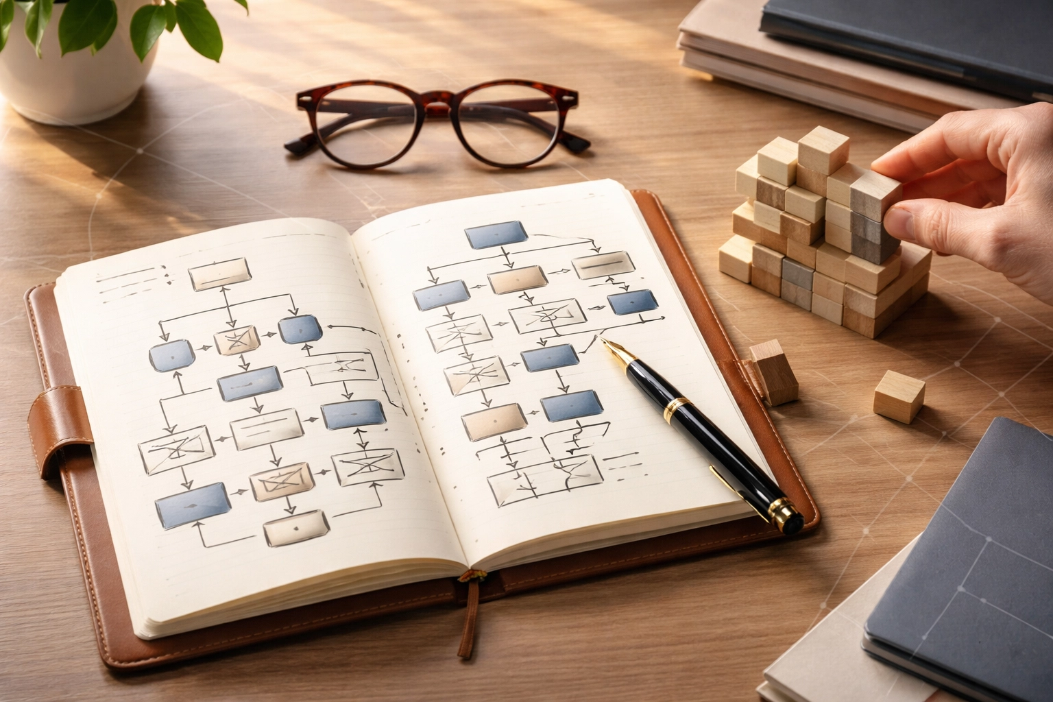 Notebook with flowcharts and building blocks illustrating structured business succession and documentation