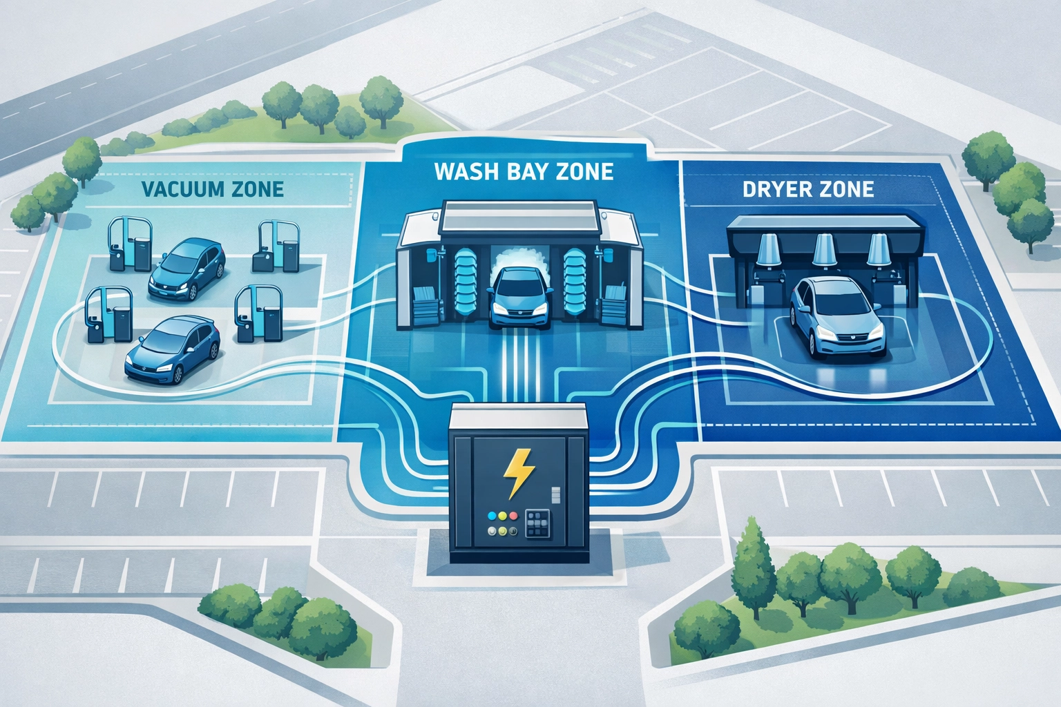 Carwash facility layout showing electrical connections between equipment zones and main panel
